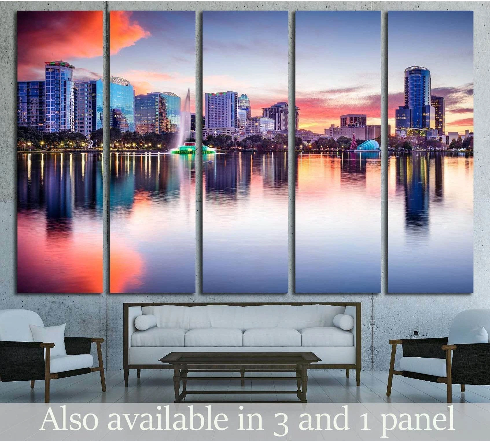 Orlando skyline canvas print over Lake Eola at sunset with pink and blue reflections above a sofa