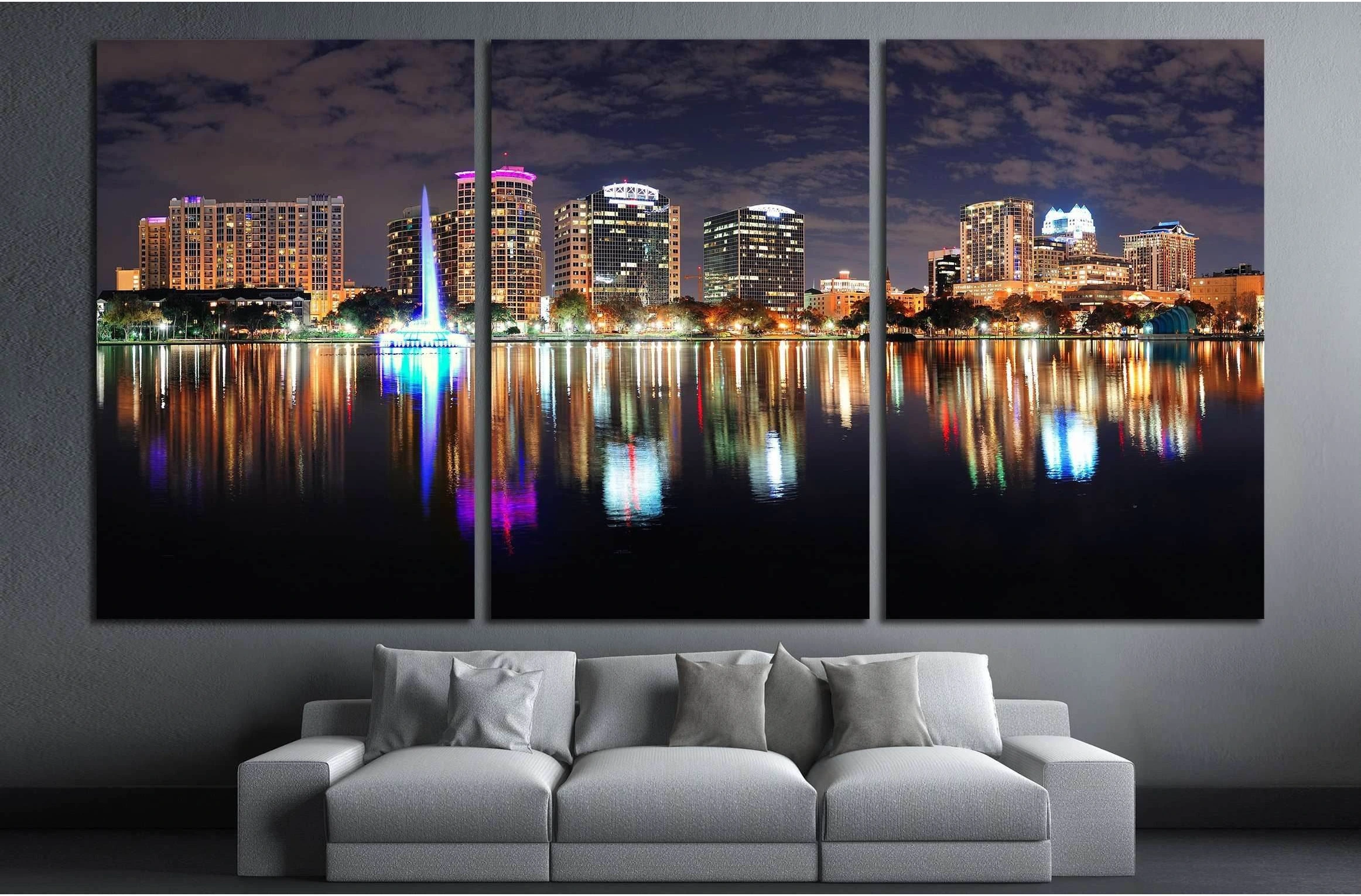 Orlando Lake Eola panorama with office buildings at night №1932 Ready to Hang Canvas Print - Zellart Canvas Prints ALL_Products, s-1932