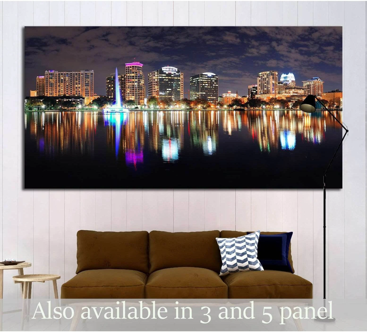 Orlando Lake Eola night skyline canvas print with illuminated fountain above sofa in modern living room