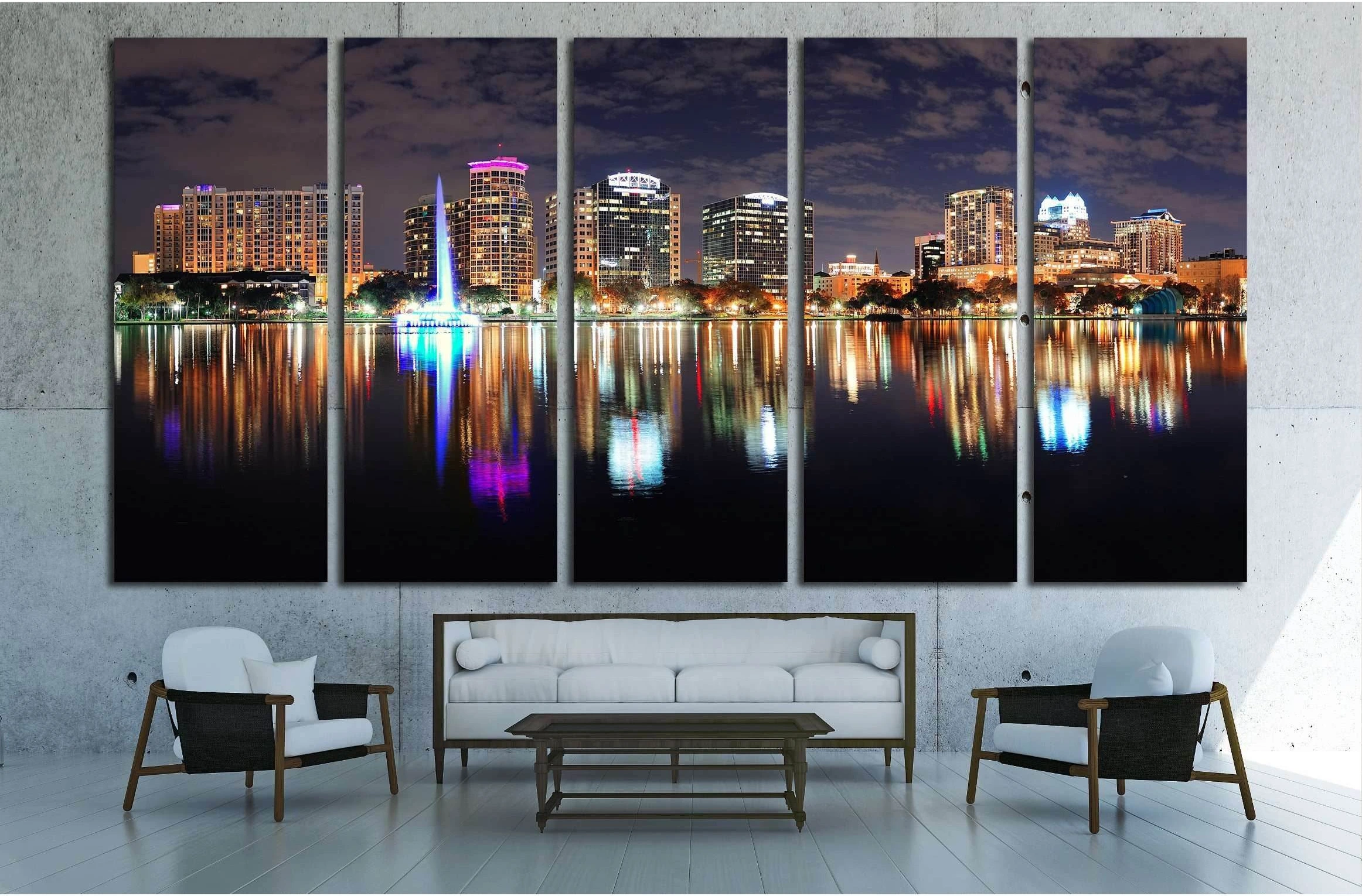 Orlando Lake Eola panorama with office buildings at night №1932 Ready to Hang Canvas Print - Zellart Canvas Prints ALL_Products, s-1932