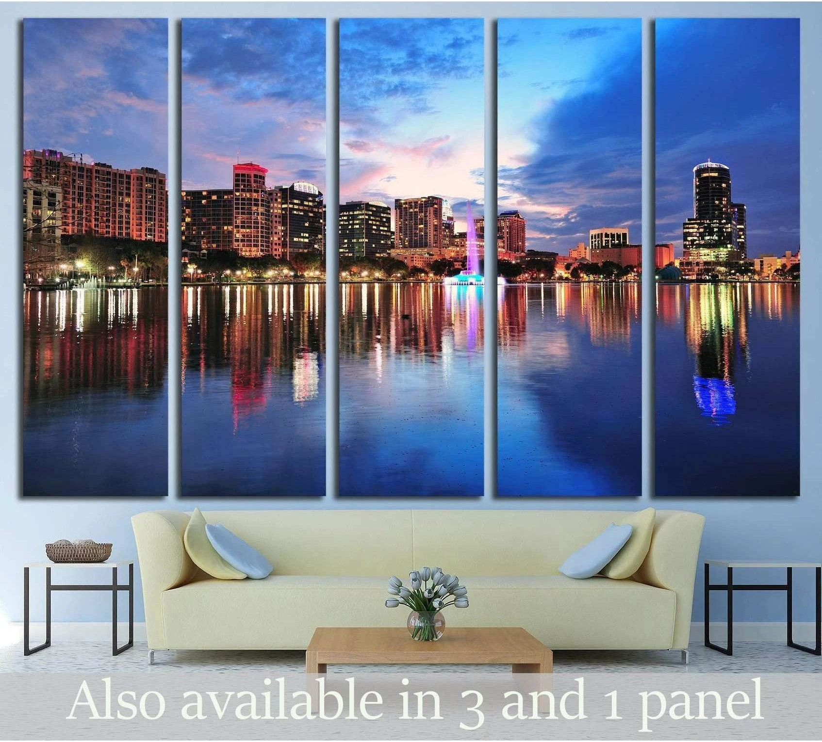 Orlando skyline canvas print over Lake Eola at dusk with glowing fountain reflections above a sofa