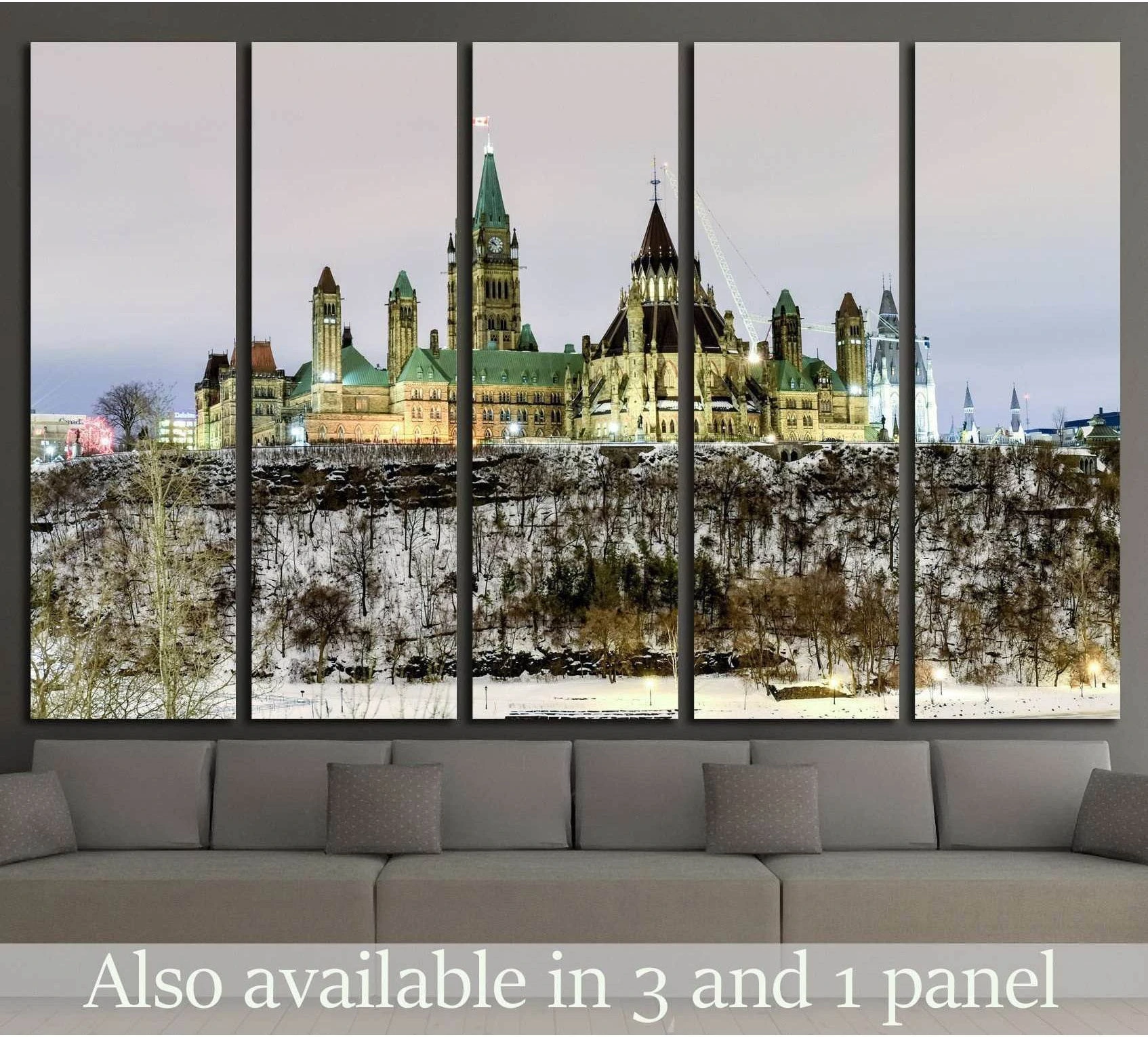 Ottawa Parliament Hill winter night canvas print displayed above a sofa in a modern living room