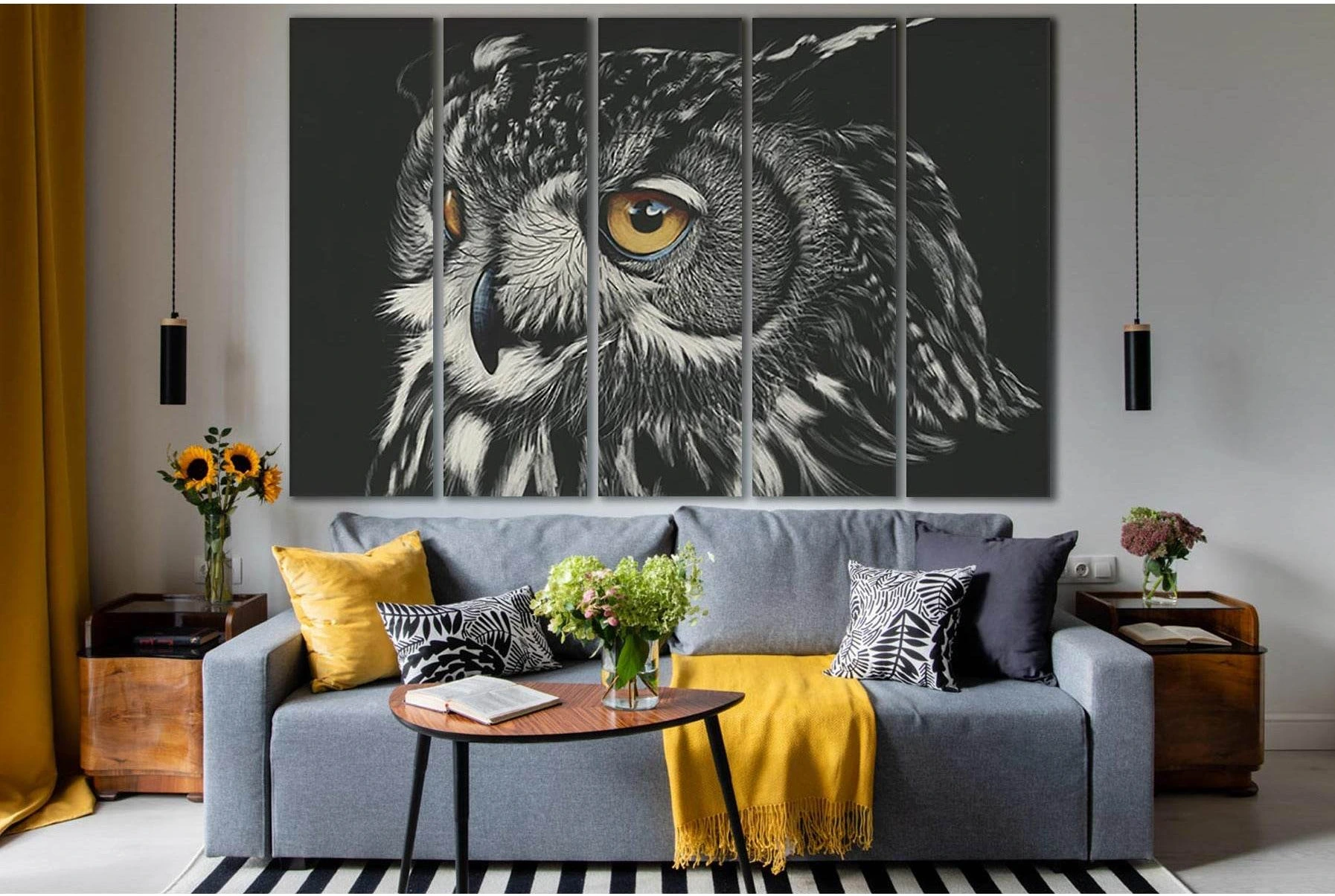 Black-and-white owl portrait with textured feathers and warm yellow eyes on a dark background detail view