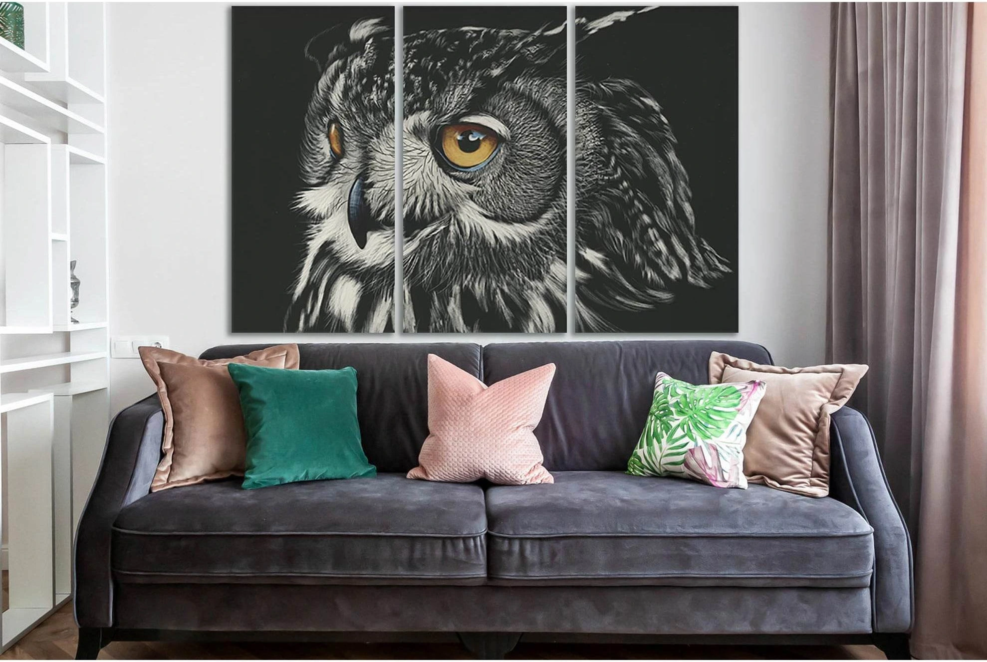 Black-and-white owl portrait with textured feathers and warm yellow eyes on a dark background detail view