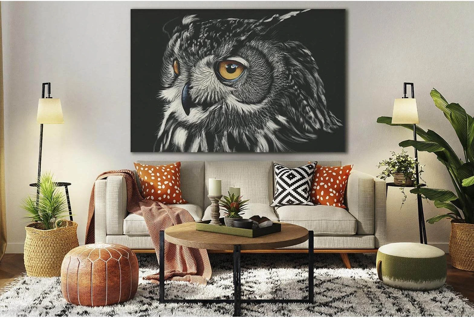 Black-and-white owl portrait with textured feathers and warm yellow eyes on a dark background