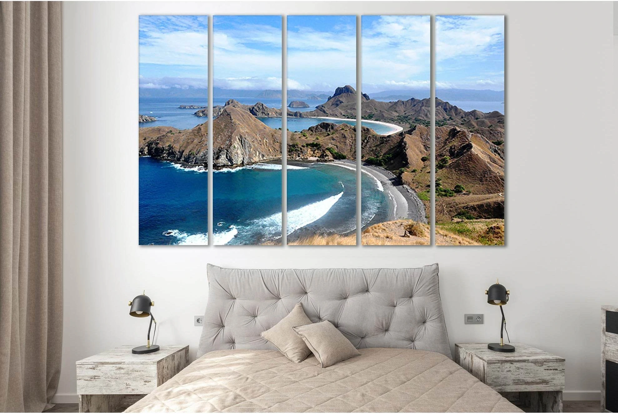 Turquoise Coastal Ocean View Canvas Print with Sandy Beach showing sea water, shoreline and horizon depth.