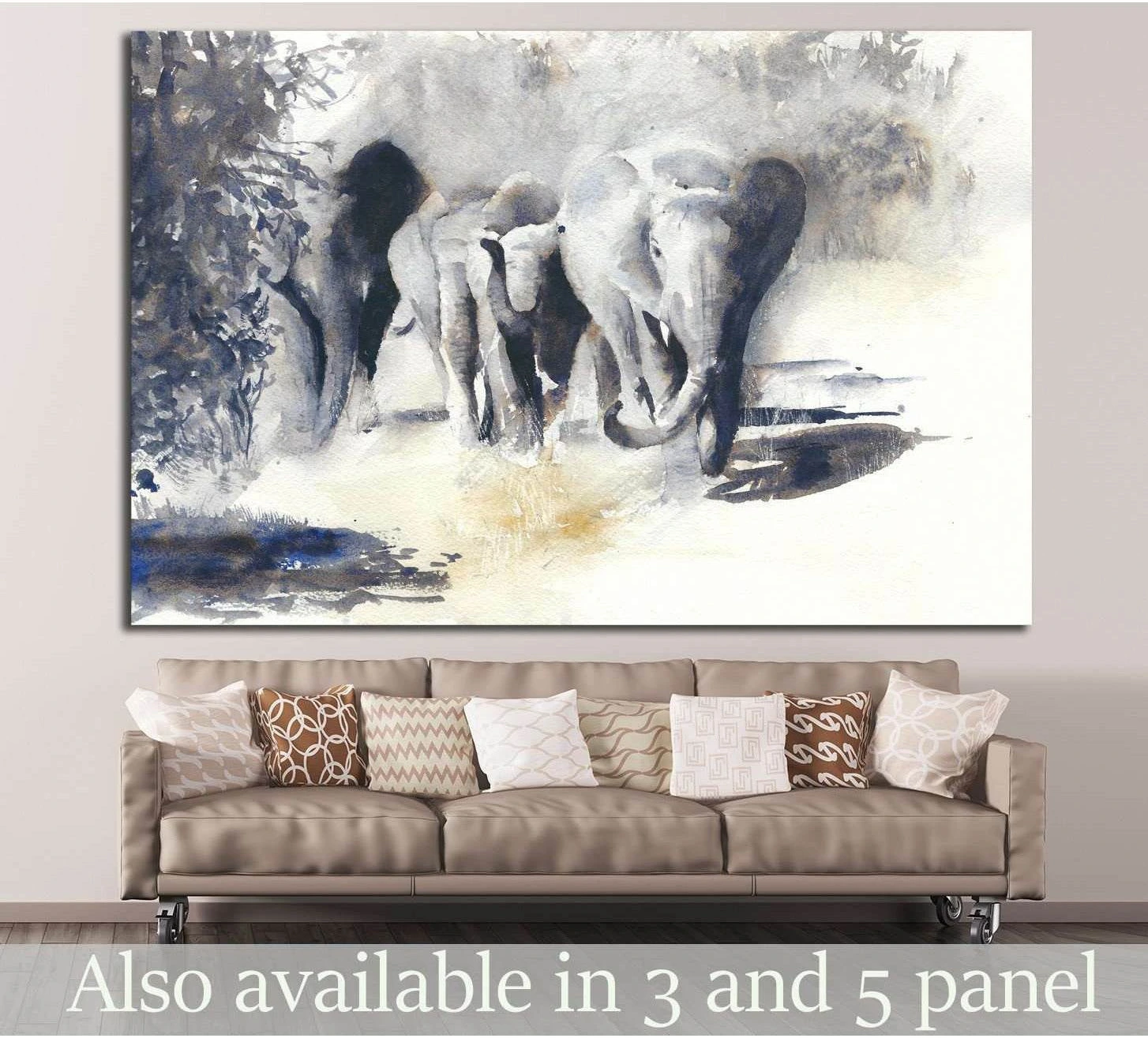 Watercolor elephant herd canvas print in navy and beige tones displayed above sofa in a neutral living room