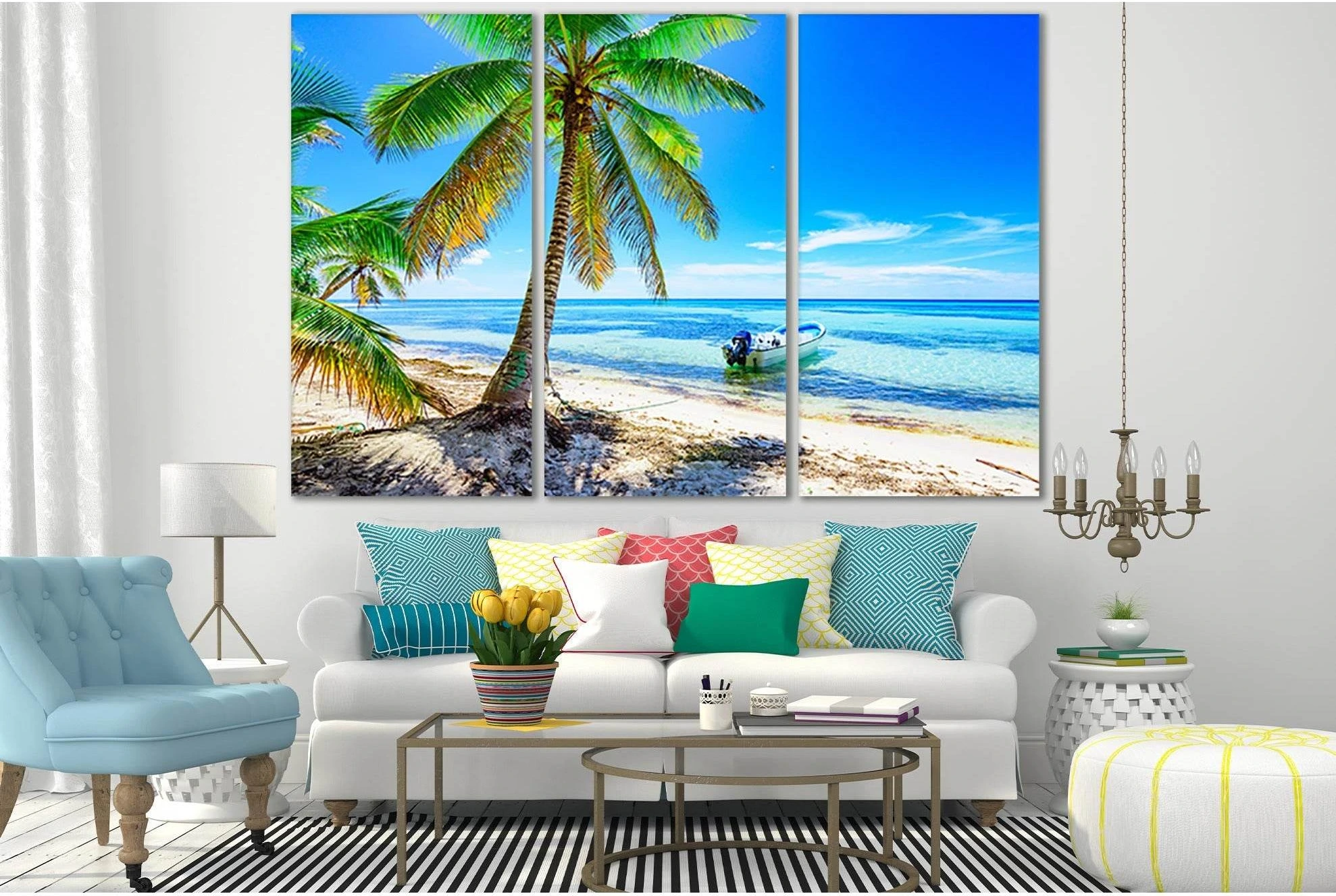 Palm And Boat To The Coast №SL1065 Ready to Hang Canvas Print - Zellart Canvas Prints 0new, ALL_Products, Trees Wall Art