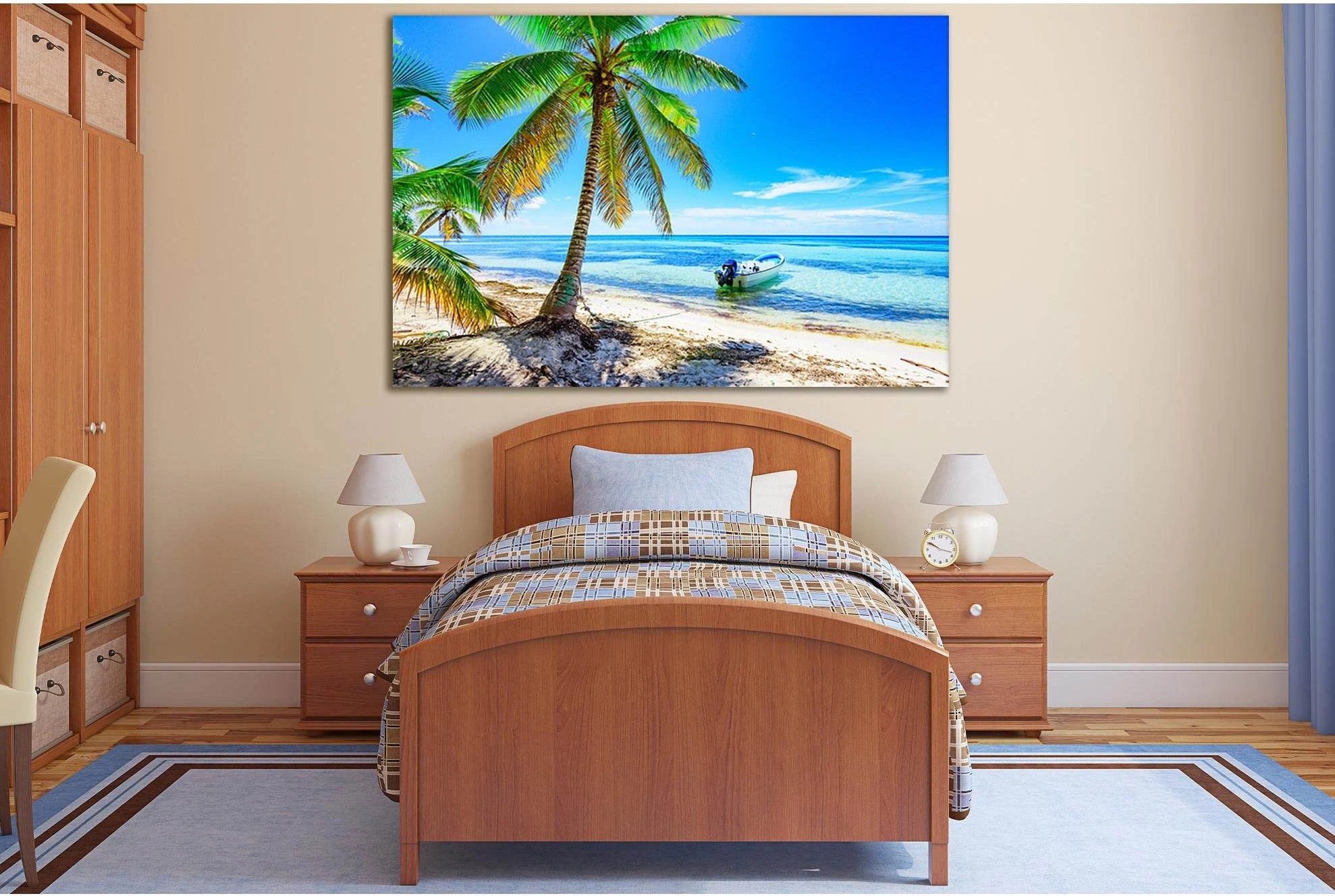 Palm And Boat To The Coast №SL1065 Ready to Hang Canvas Print - Zellart Canvas Prints 0new, ALL_Products, Trees Wall Art