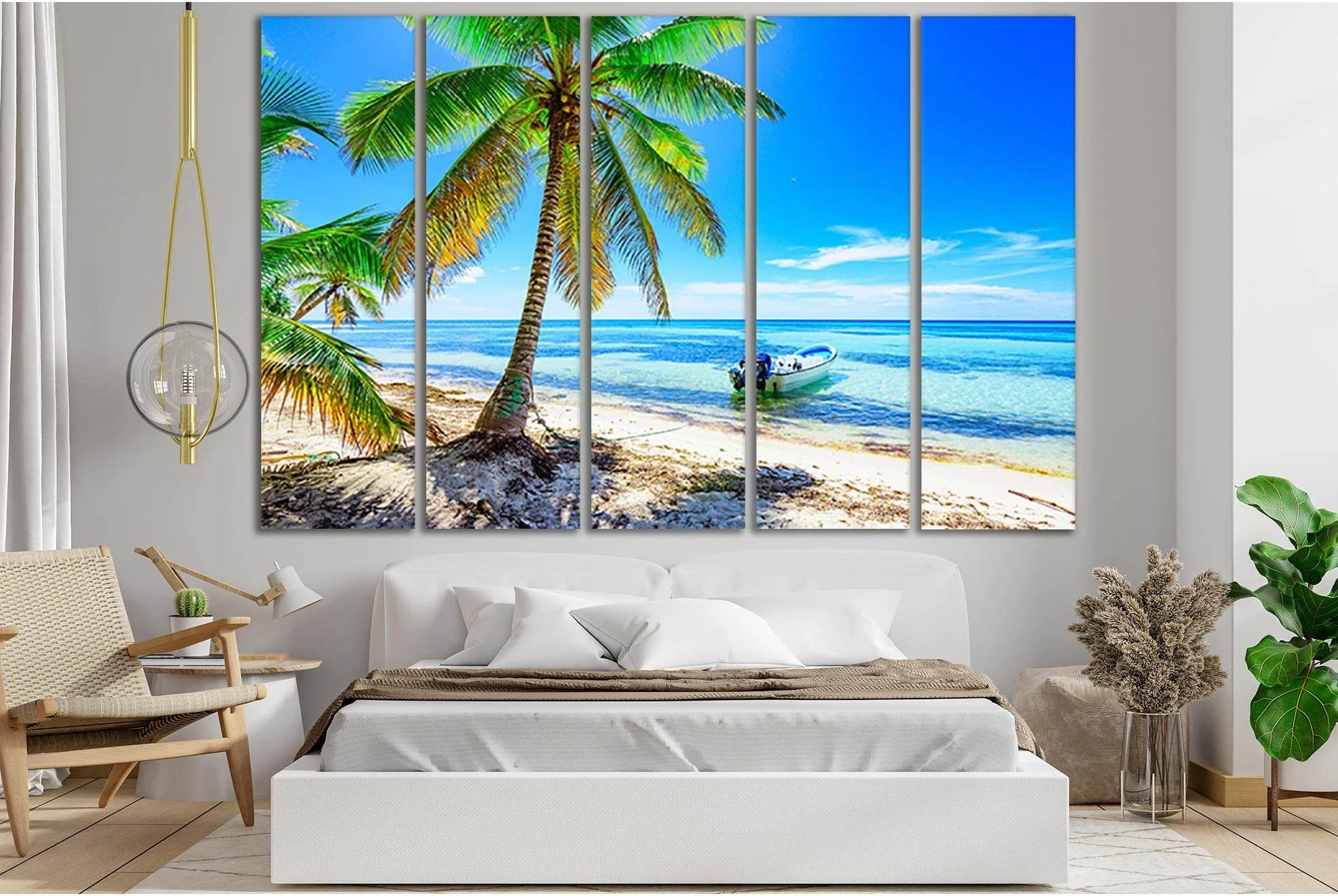 Palm And Boat To The Coast №SL1065 Ready to Hang Canvas Print - Zellart Canvas Prints 0new, ALL_Products, Trees Wall Art