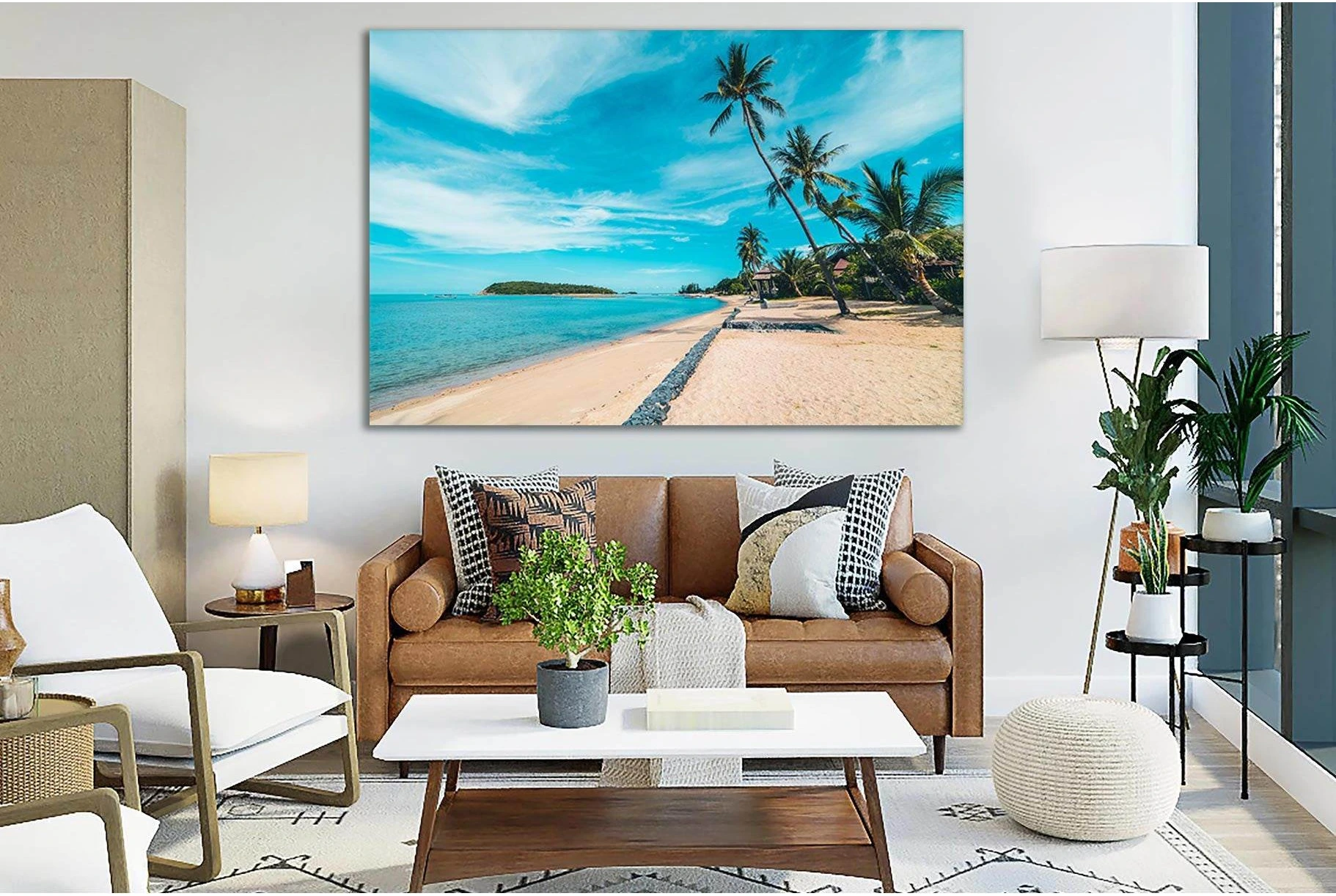 Palm Beach Seascape Canvas Print with Turquoise Water and Palms showing sea water, shoreline and horizon depth.