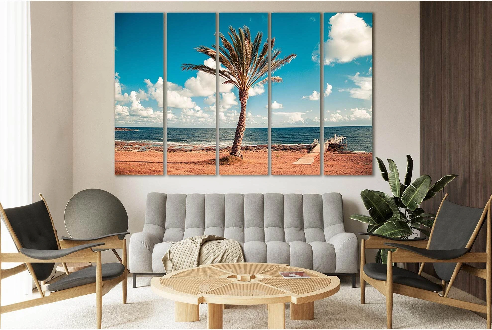 Palm Tree Near Dock Blue Ocean Beach Canvas Print showing sea water, shoreline and horizon depth.