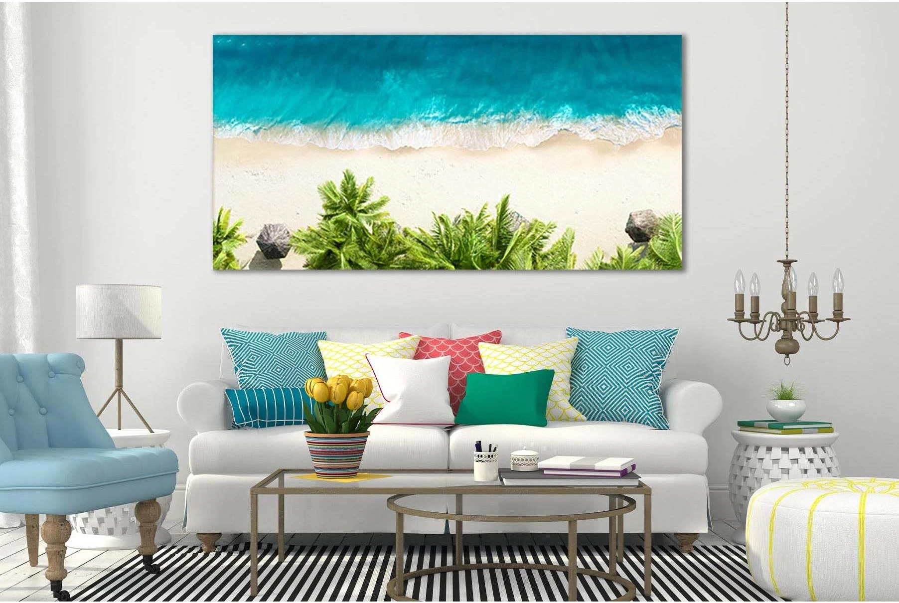 Turquoise Ocean and Palm Fronds Canvas Print Wall Art showing blue ocean wall art with water and coastal depth.