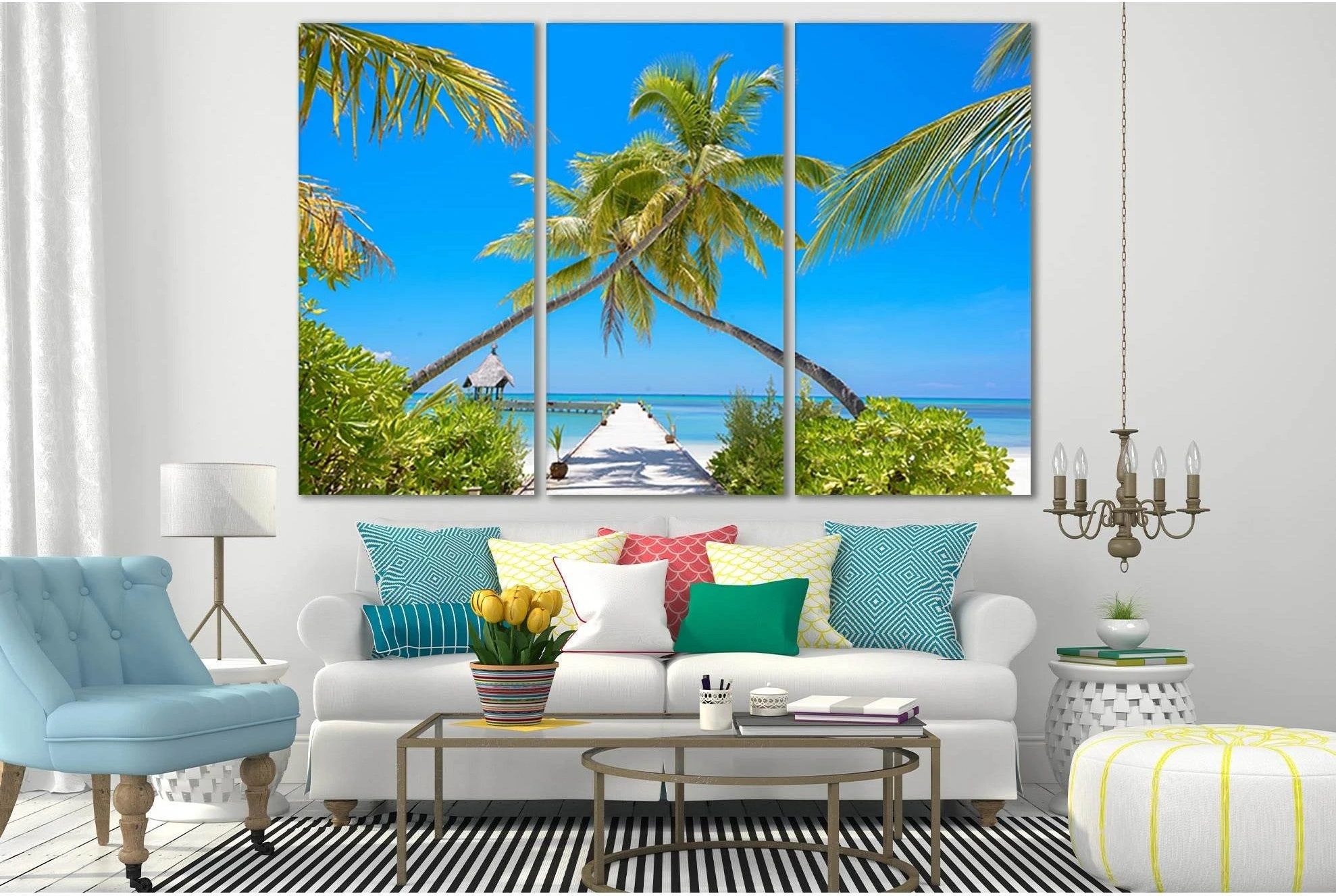 Palm Trees Tropical Seaside Wall Art with White Walkway showing sea water, shoreline and horizon depth.