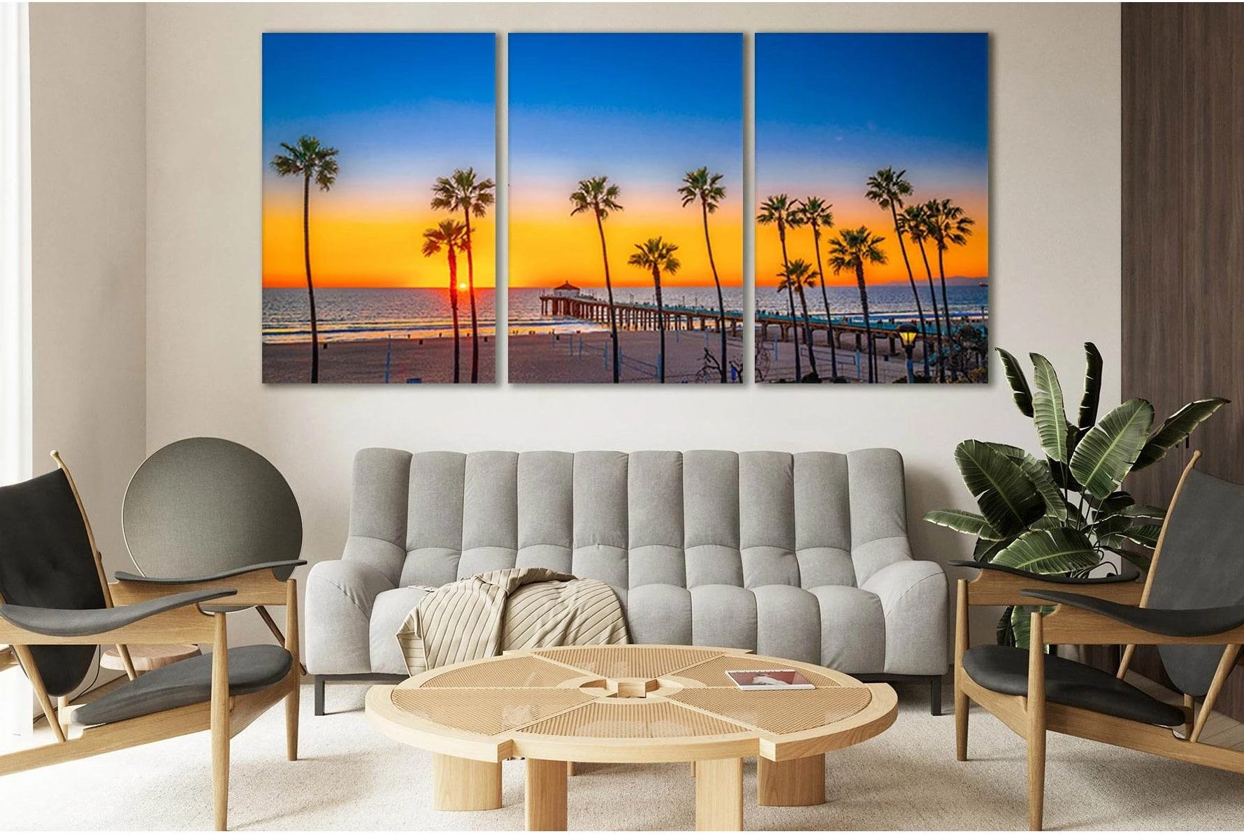 Ocean Sunset Pier Wall Art with Palm Trees Canvas Print showing blue ocean wall art with water and coastal depth.
