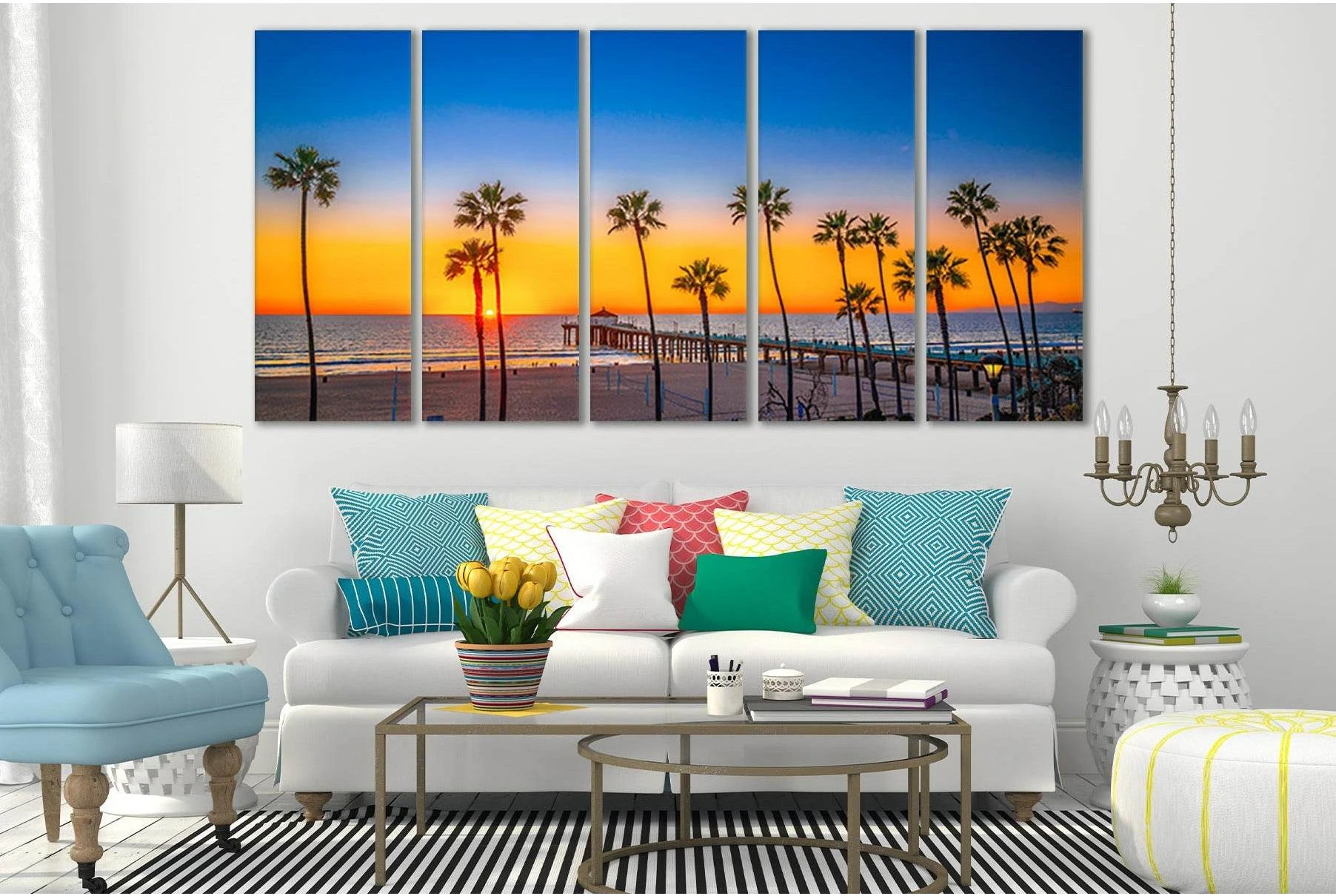 Palms Ocean Sunset Pier №SL210 Ready to Hang Canvas Print - Zellart Canvas Prints 0new, ALL_Products, Beach Ocean & Waves, SUNRISE & SUNSET WALL ART