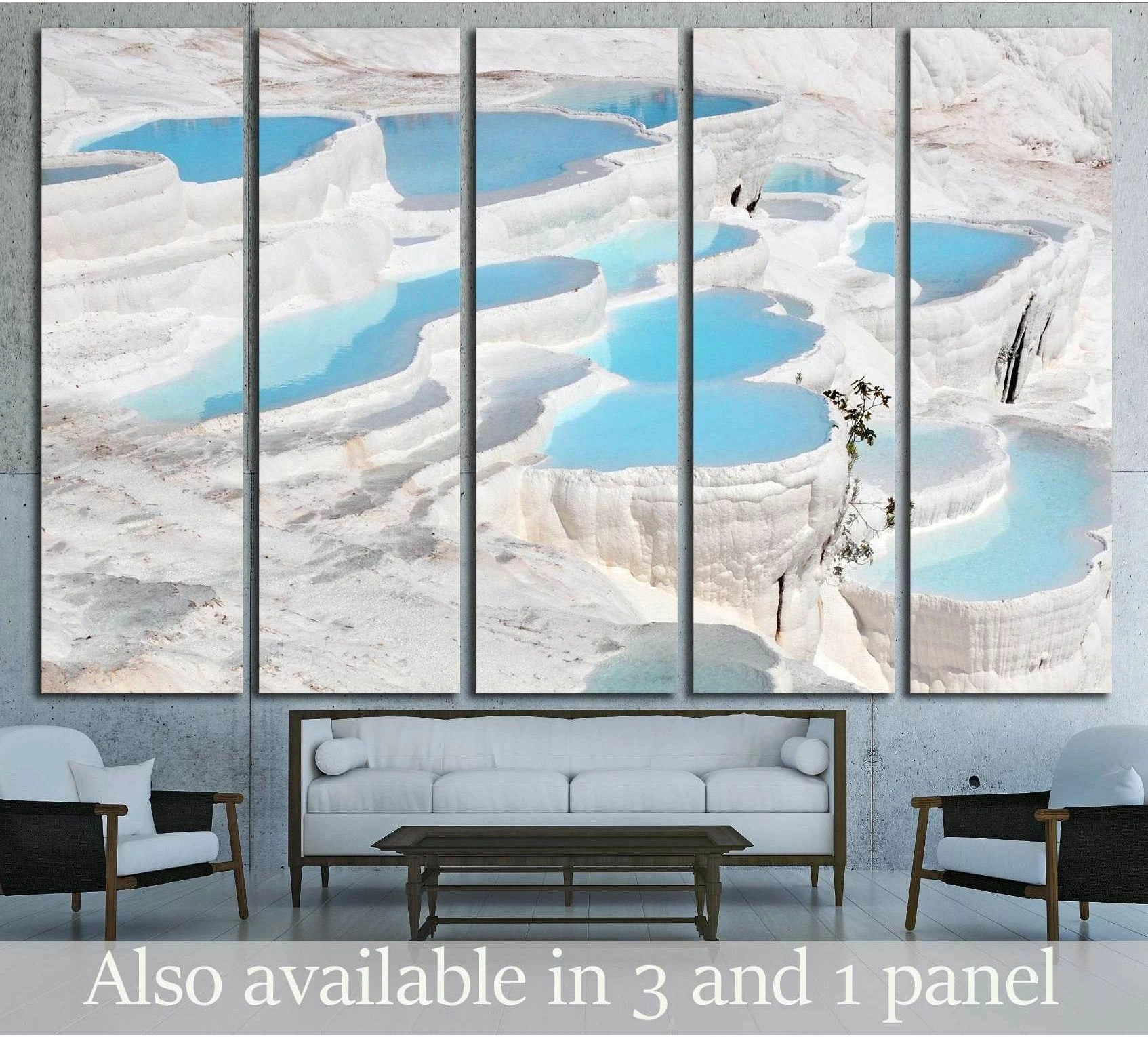 Pamukkale turquoise pools canvas print hung above sofa in a modern neutral living room