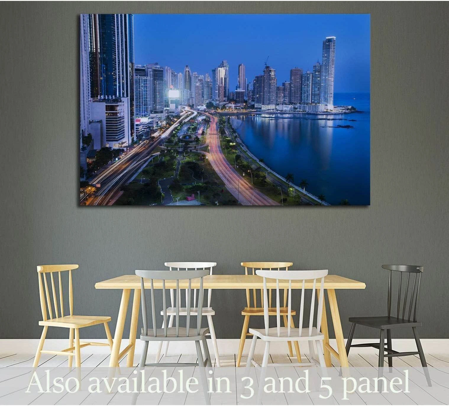 Panama City skyline canvas print above dining table with blue waterfront towers at dusk