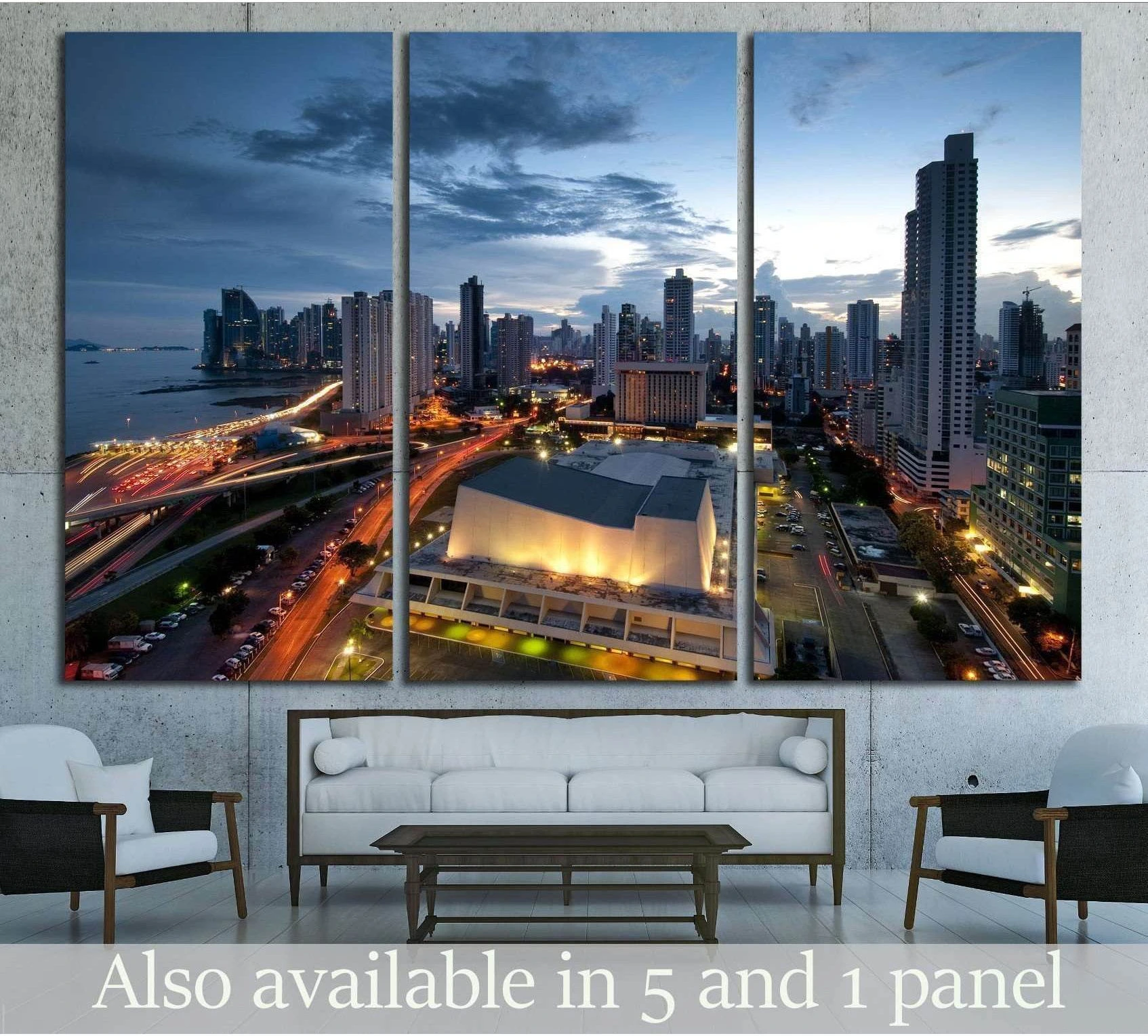 Panama City skyline canvas print in triptych panels above a sofa with dusk bay and city lights