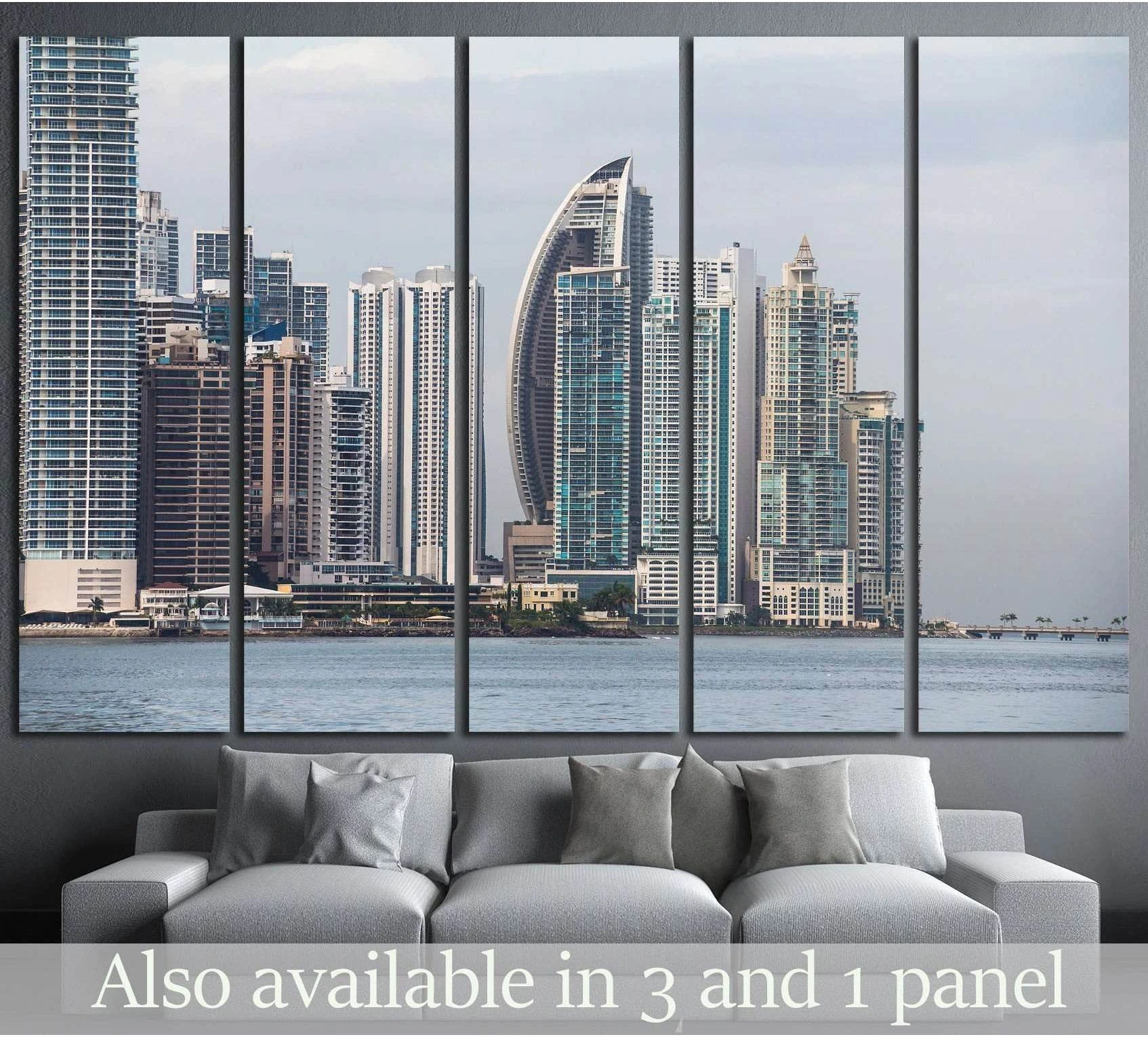 Panama City skyline canvas print above sofa with waterfront skyscrapers seen from Casco Viejo