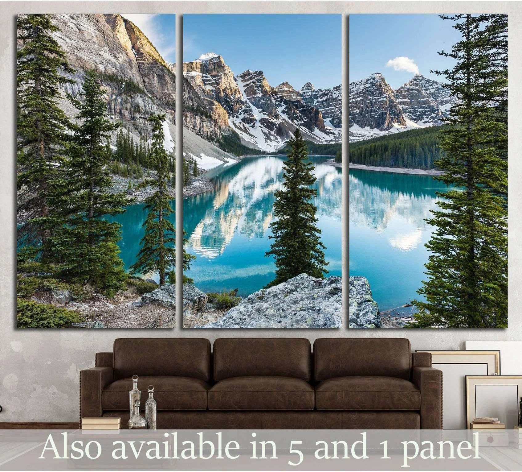 Banff Moraine Lake triptych canvas print with turquoise lake and snowy peaks above a sofa