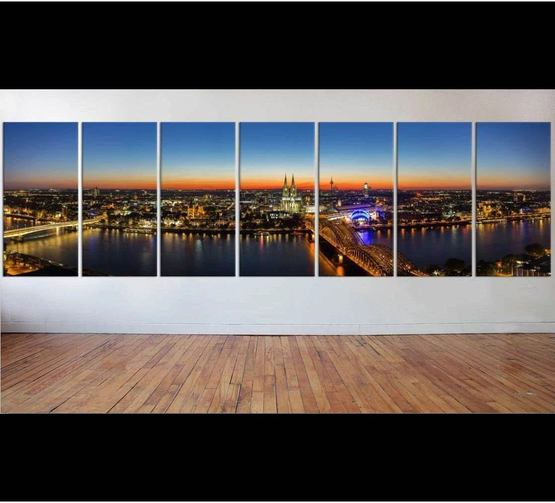 Panoramic Cologne skyline canvas print with Kölner Dom and bridge at sunset in multi-panel display