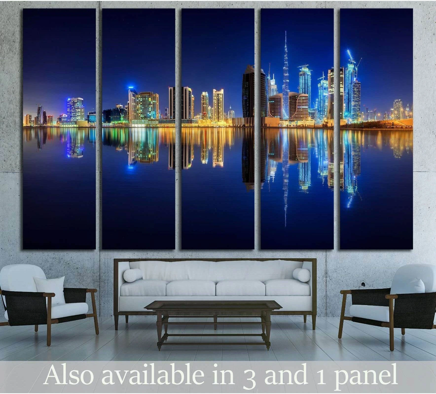 Dubai Business Bay skyline canvas print above sofa in modern living room