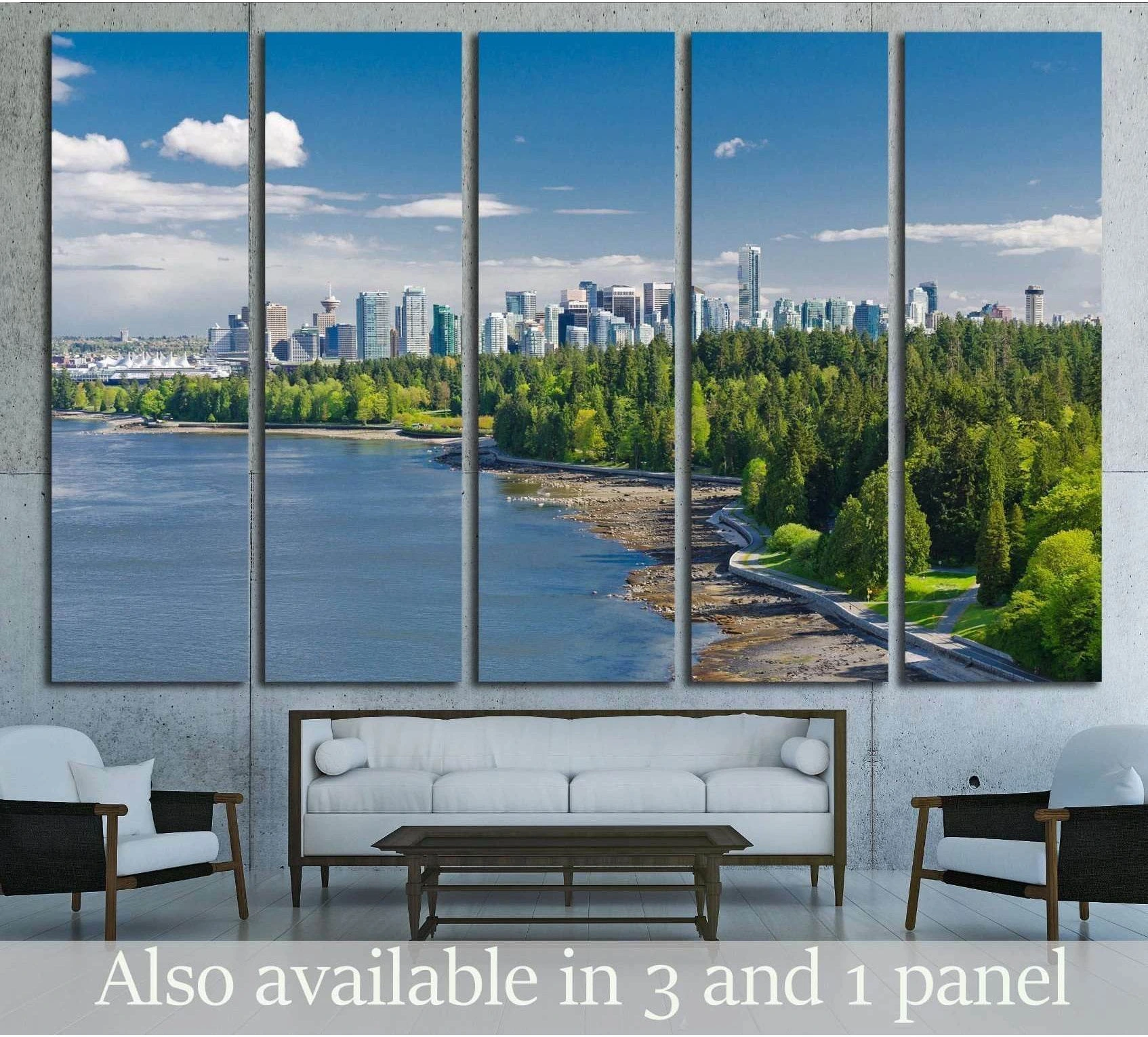 Vancouver skyline canvas print above sofa with Stanley Park shoreline and blue harbor panorama