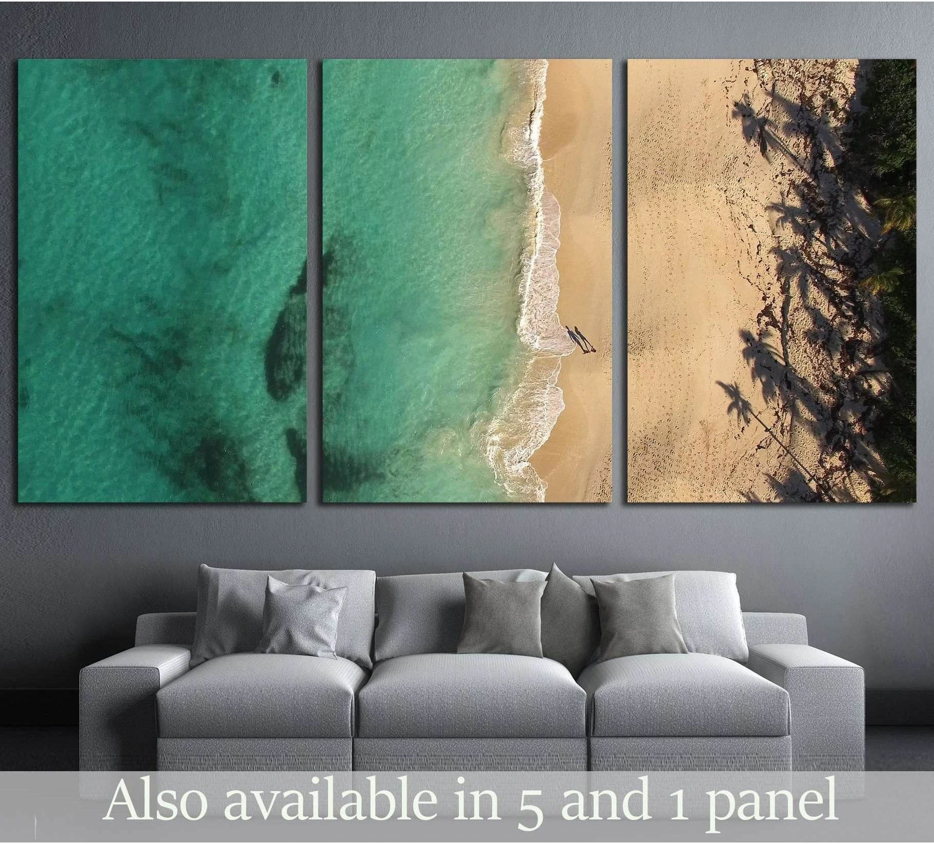 Turquoise Ocean Beach Triptych Canvas Print & Wall Art showing sea water, shoreline and horizon depth.