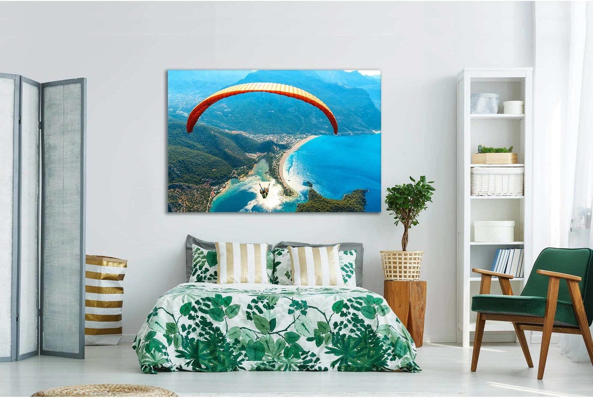 Paragliding Over the Sea Canvas Print with Turquoise Coast showing sea water, shoreline and horizon depth.
