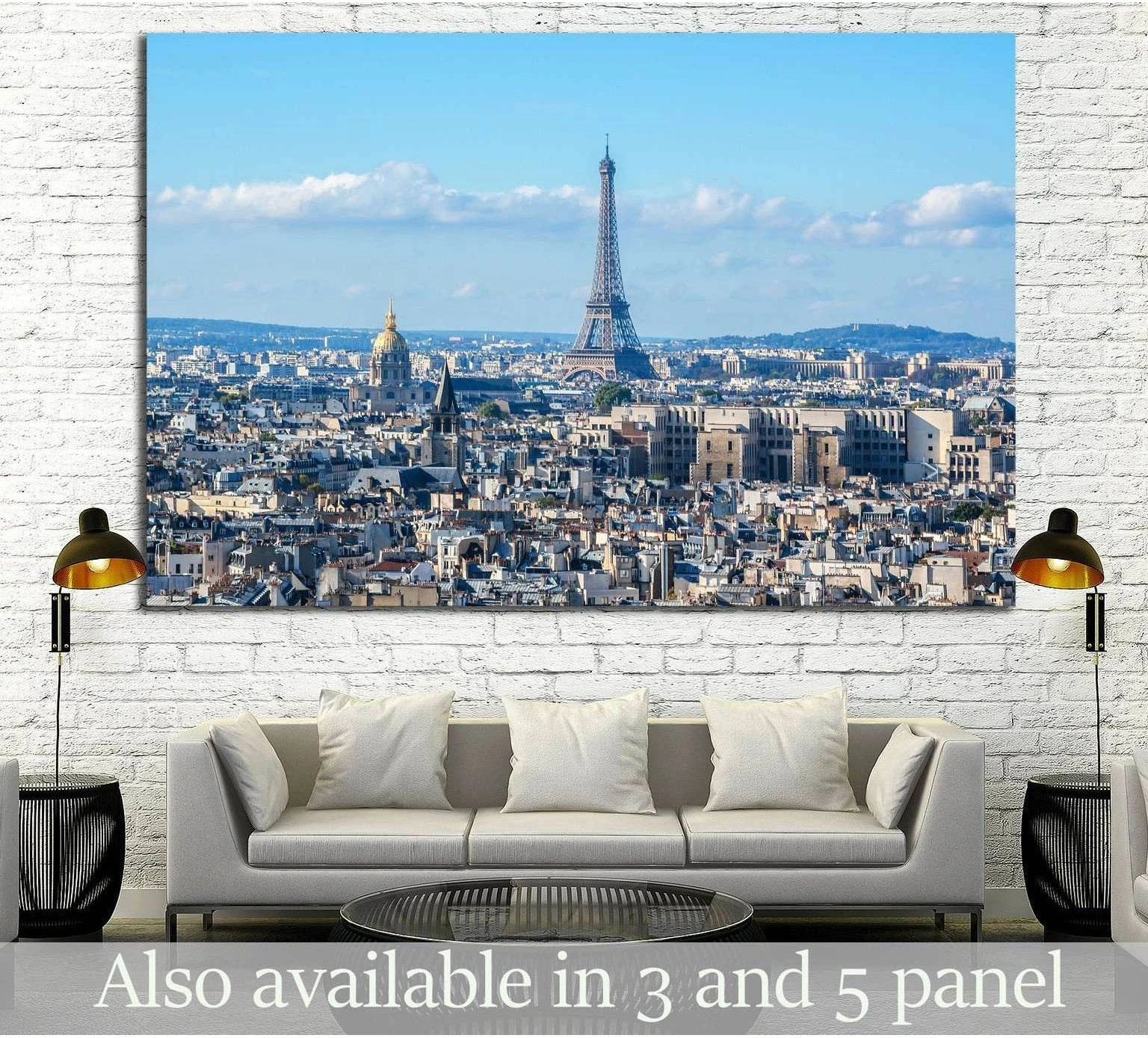 Paris skyline canvas print with Eiffel Tower above city rooftops in a modern living room