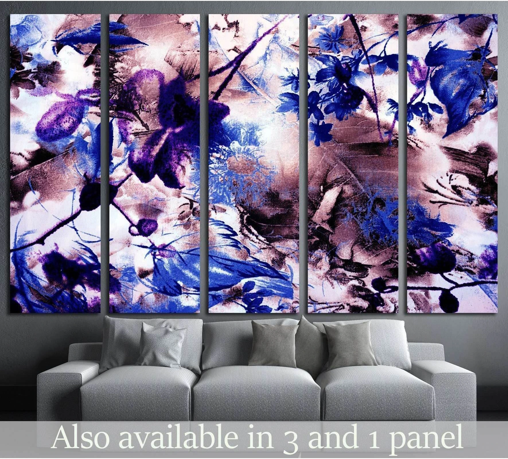 Blue and purple floral abstract canvas print in a five-panel layout above a gray sofa