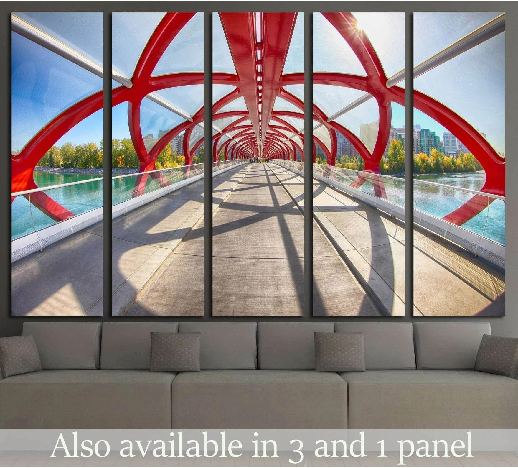 Calgary Peace Bridge canvas print with bold red arches and walkway over the Bow River