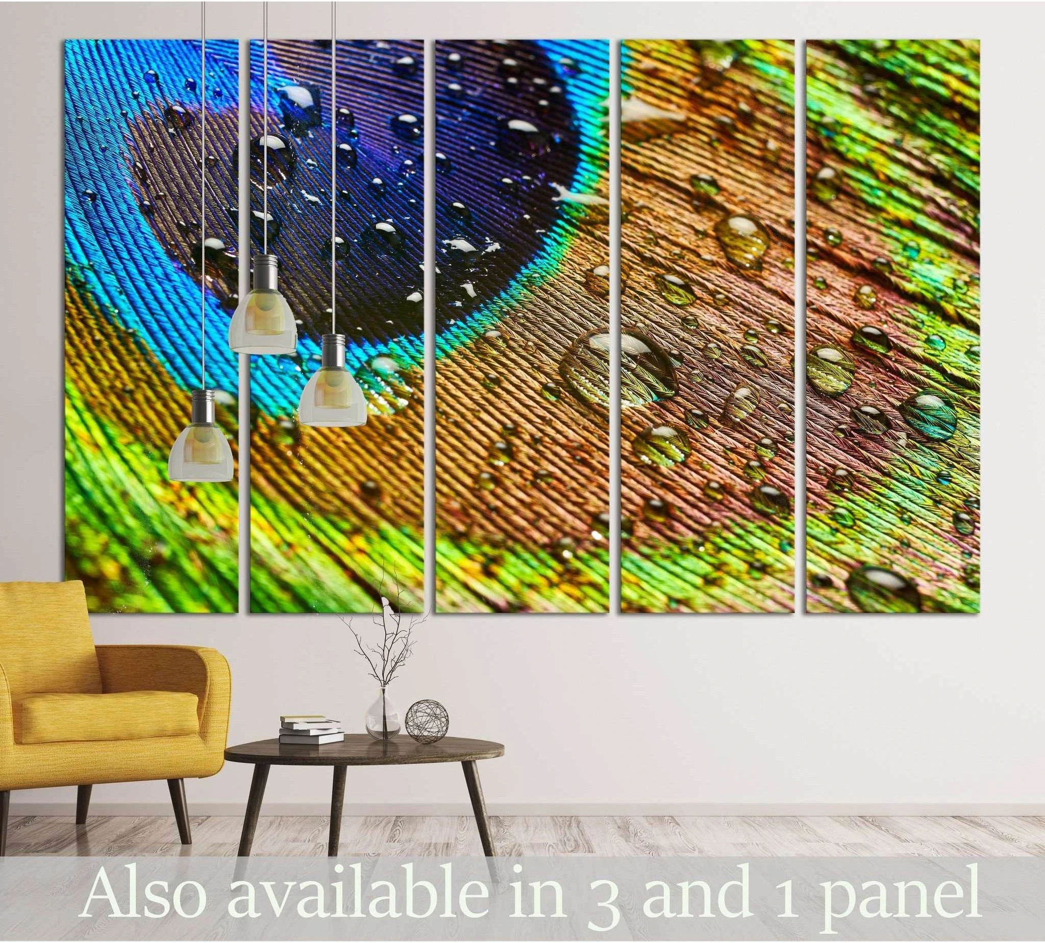 Macro peacock feather canvas print with water droplets in blue, green, and gold tones, hung in a modern living room