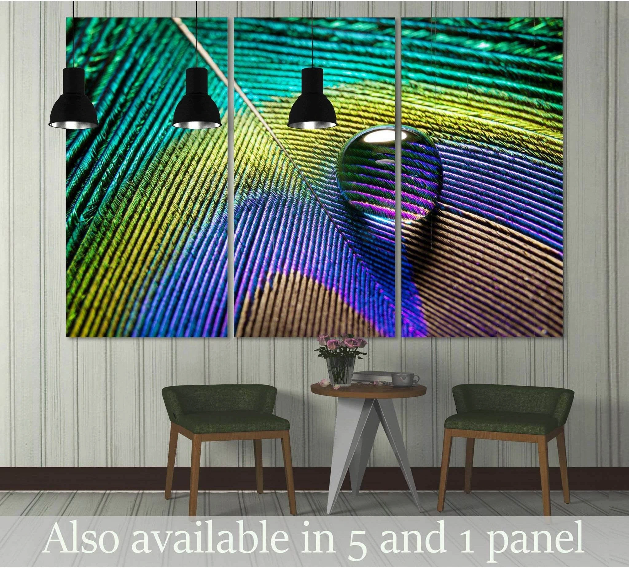 Macro peacock feather canvas print with iridescent teal, green, blue, and purple tones in a triptych wall display