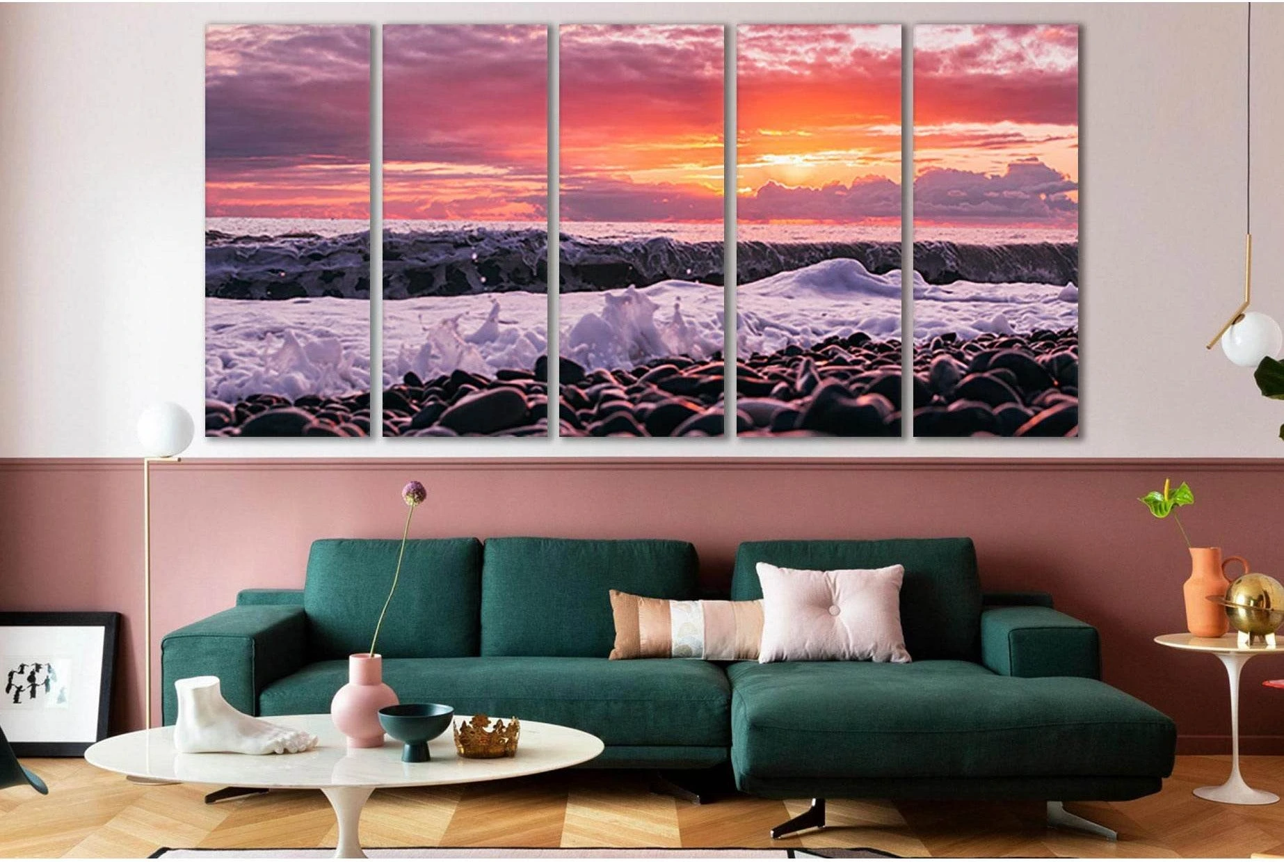 Pebbles Pink Sunset №SL130 Ready to Hang Canvas Print - Zellart Canvas Prints 0new, ALL_Products, Beach Ocean & Waves