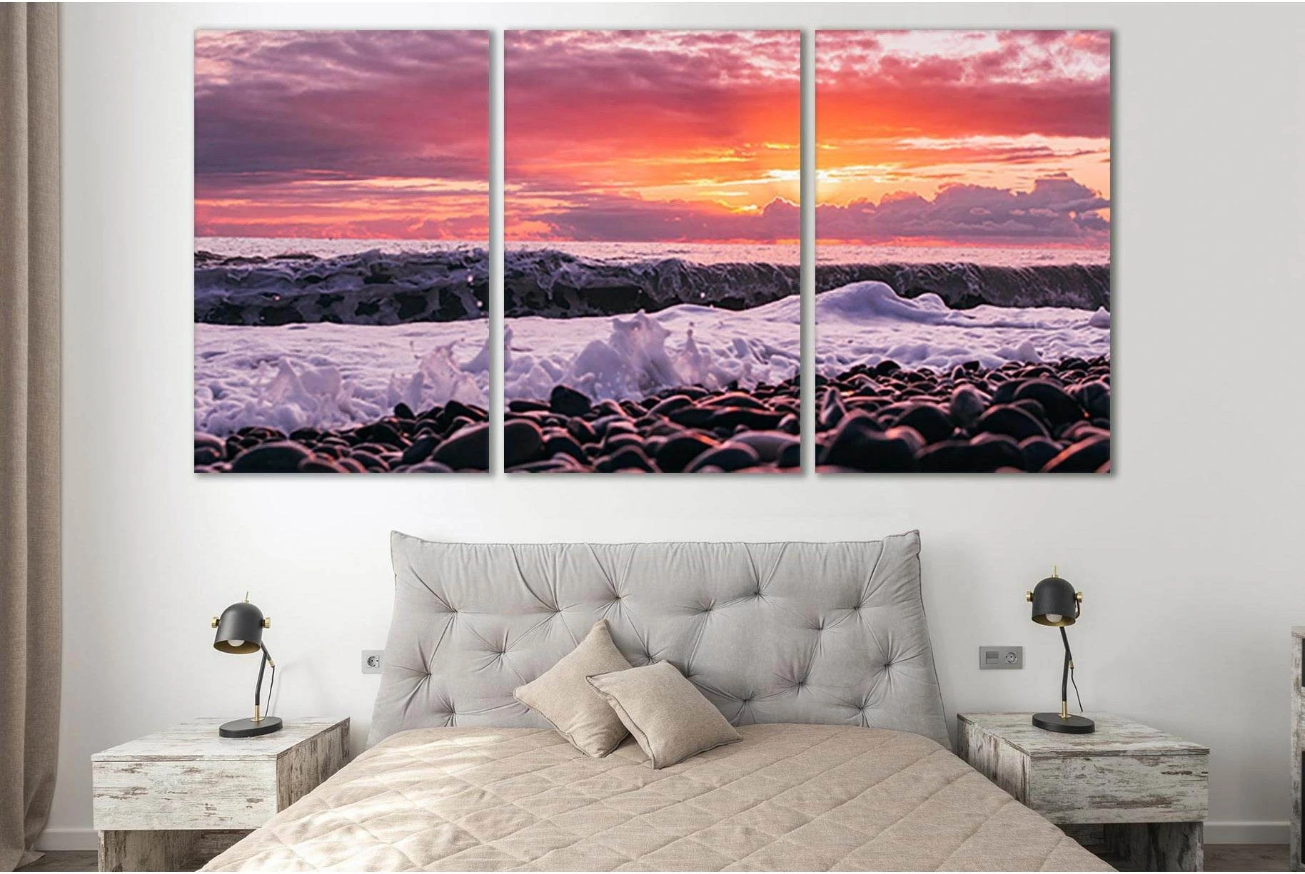 Pebbles Pink Sunset Seascape Canvas Wall Art showing sea water, shoreline and horizon depth.
