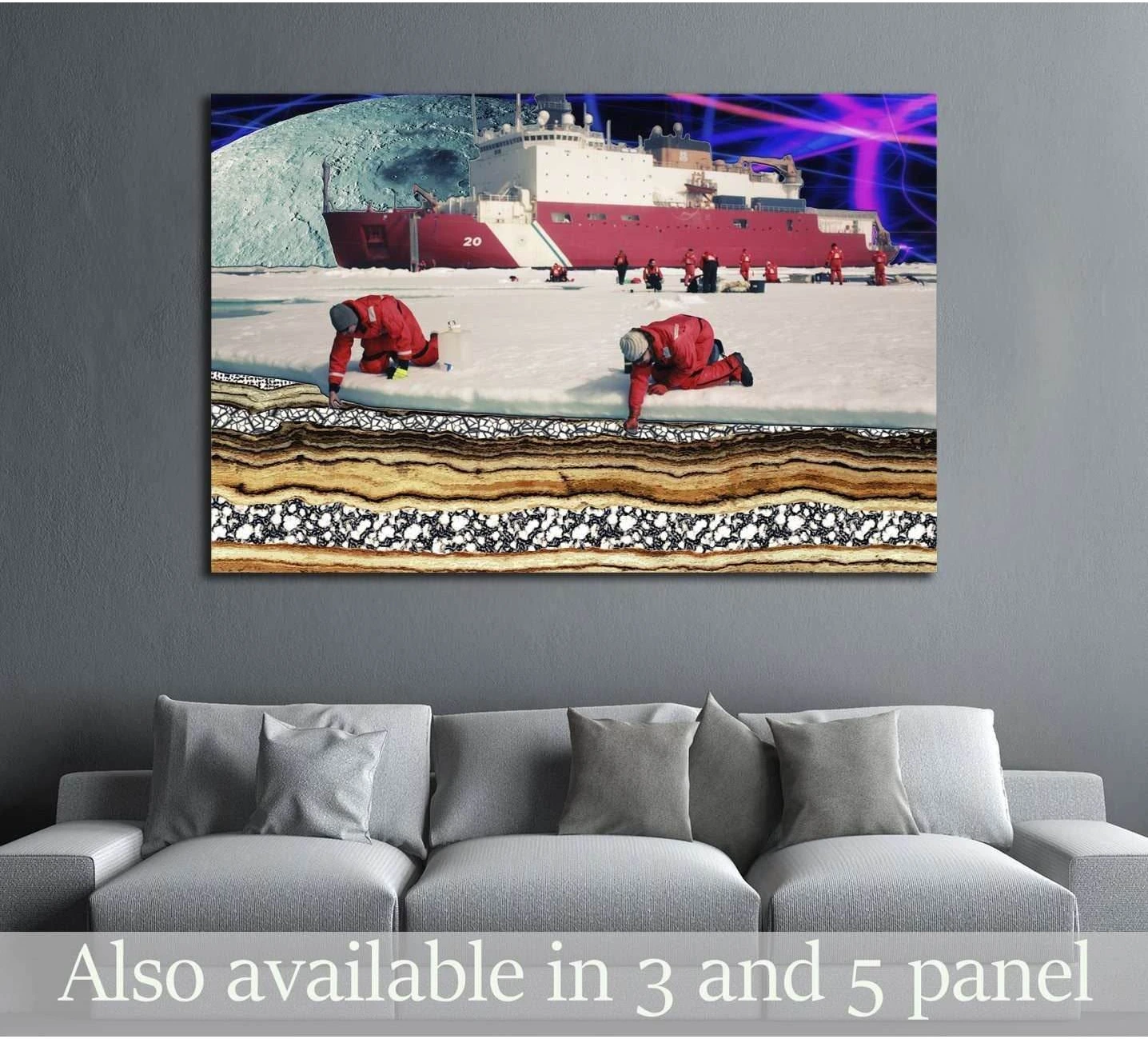 Europa canvas print displayed above sofa, featuring icebreaker ship, researchers, and layered geological strata