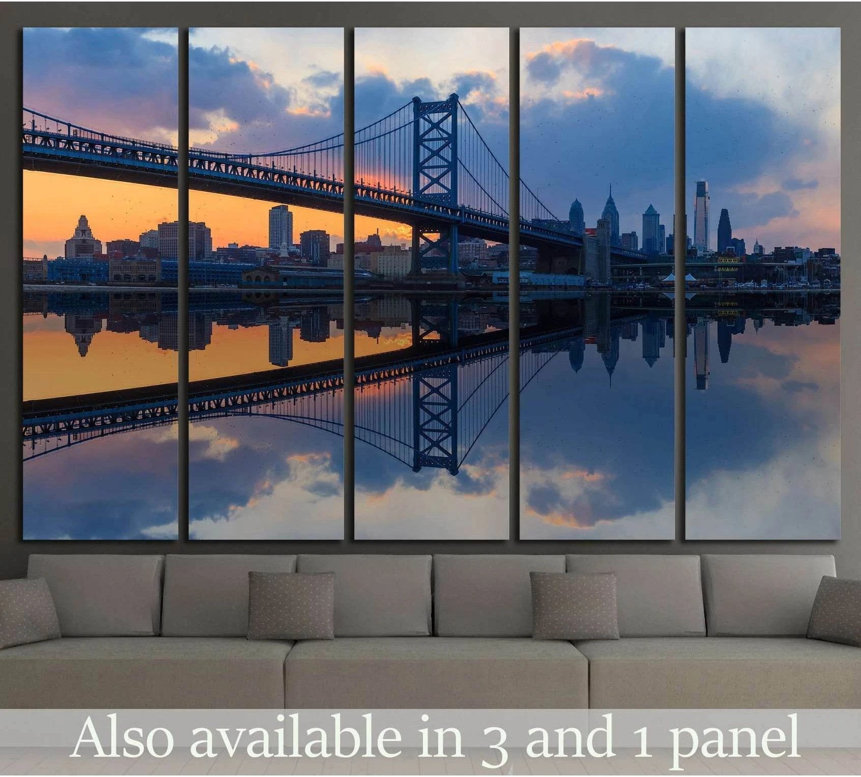 Ben Franklin Bridge canvas print with Philadelphia skyline at sunset above sofa