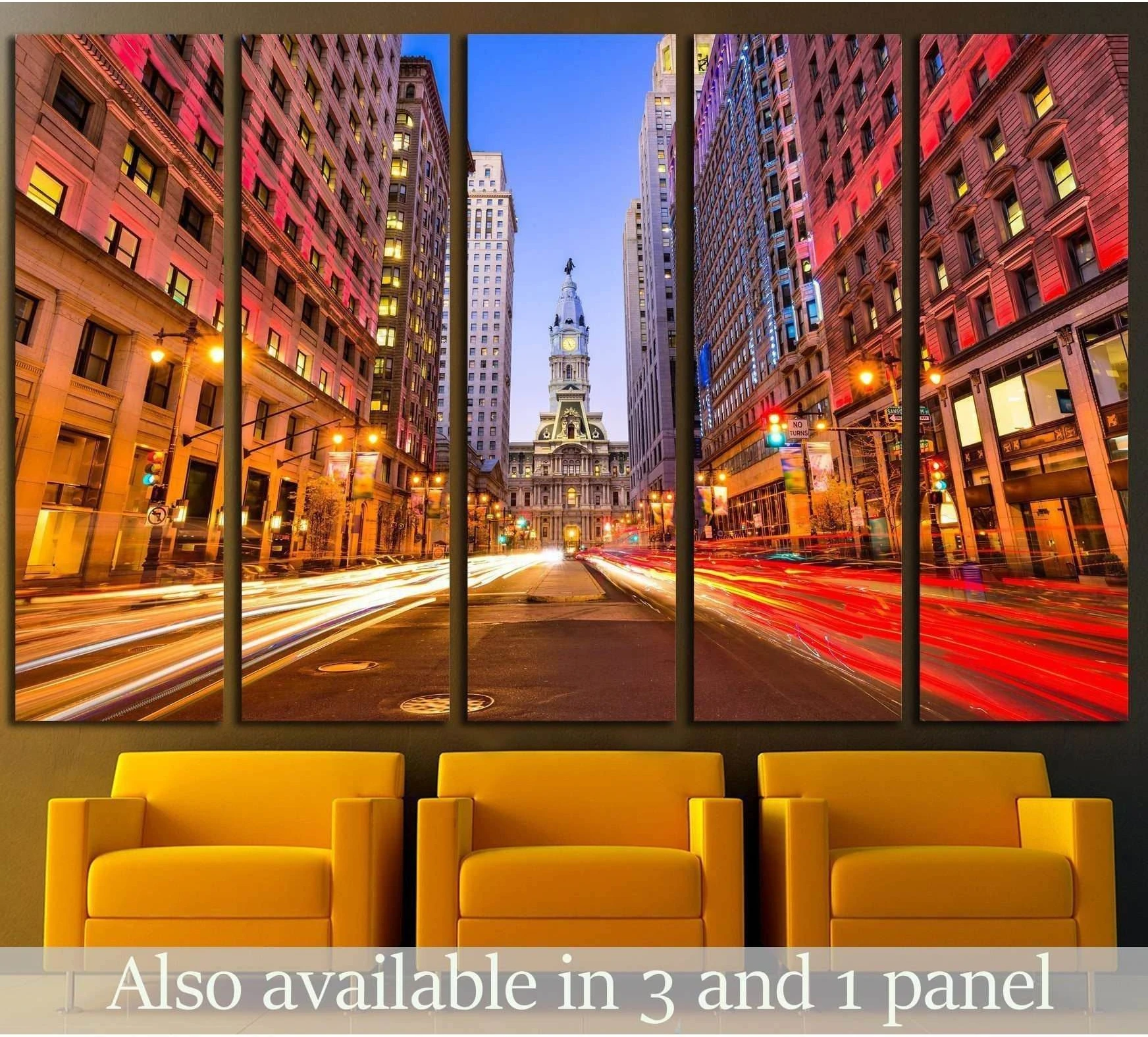 Philadelphia City Hall canvas print with downtown light trails in a multi-panel wall art mockup