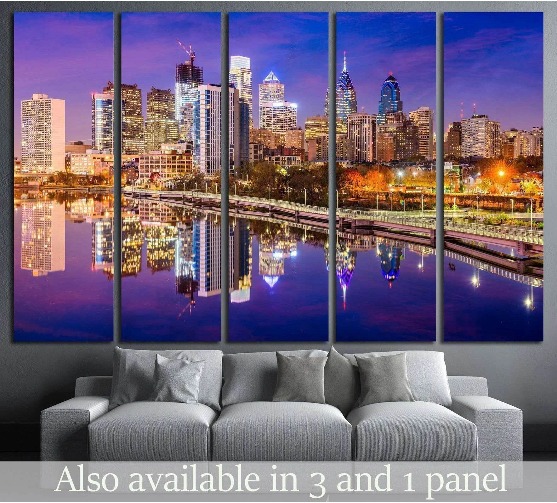 Philadelphia skyline canvas print with Schuylkill River reflections above a sofa in a modern living room