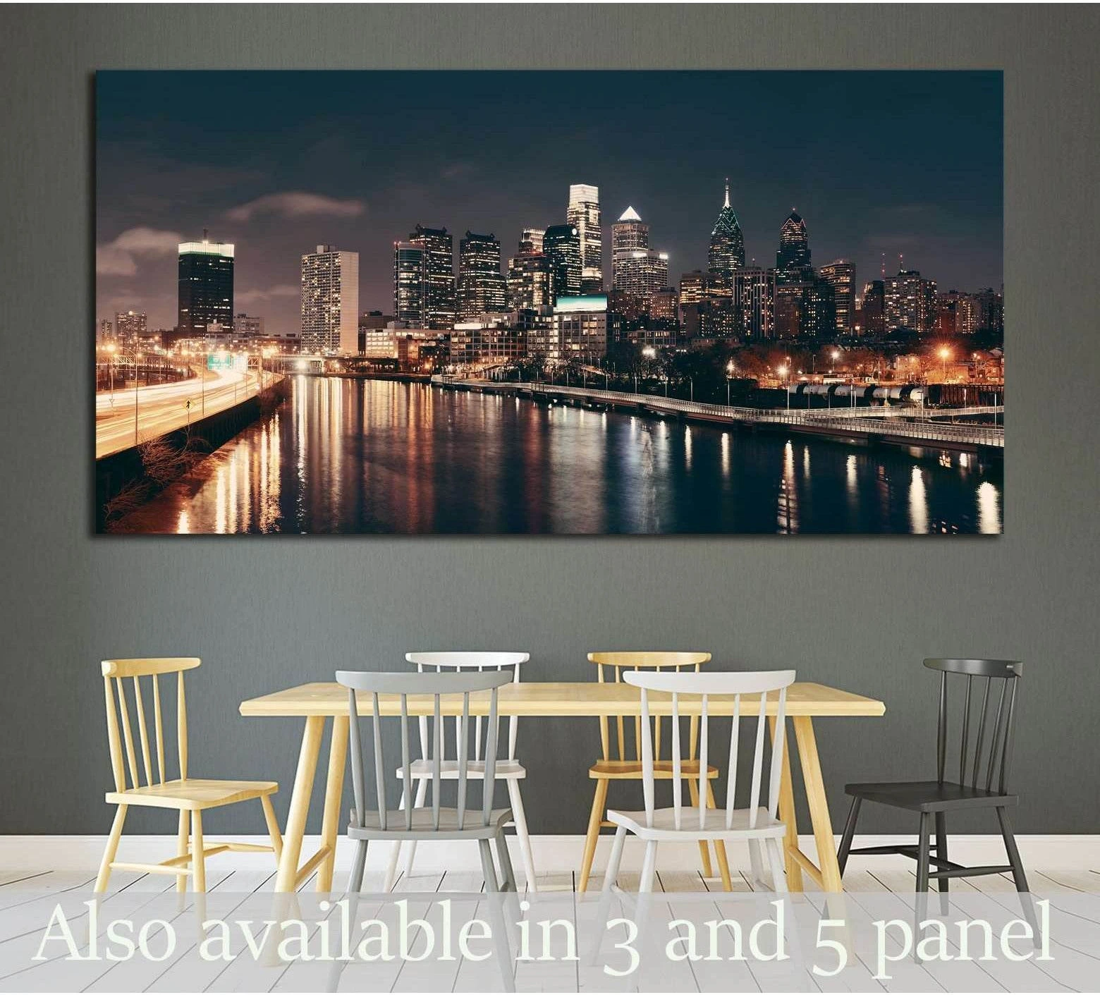 Philadelphia skyline at night canvas print above dining table in modern gray room