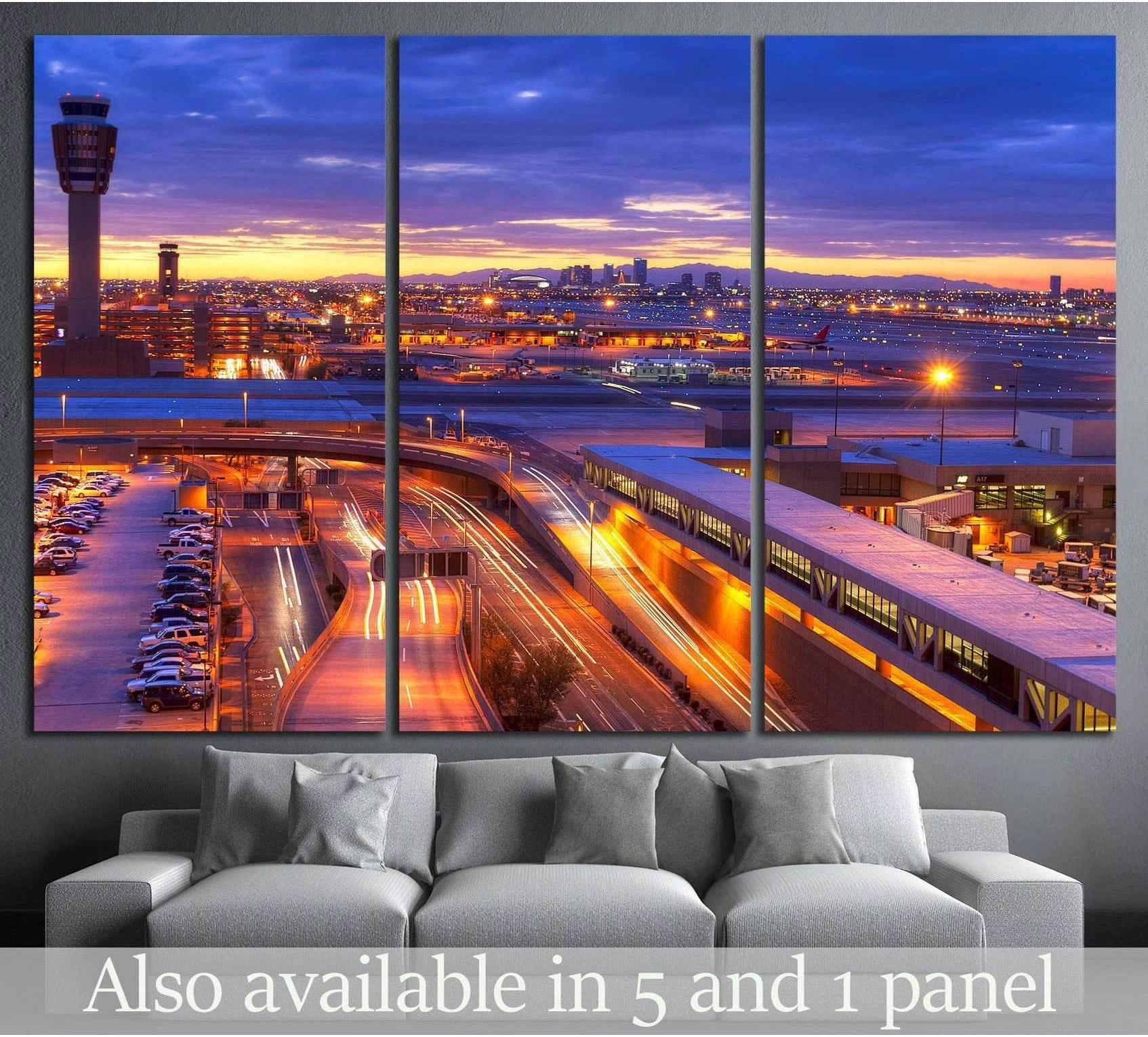 Phoenix airport sunset triptych canvas print with control tower, runway lights, and skyline above a sofa