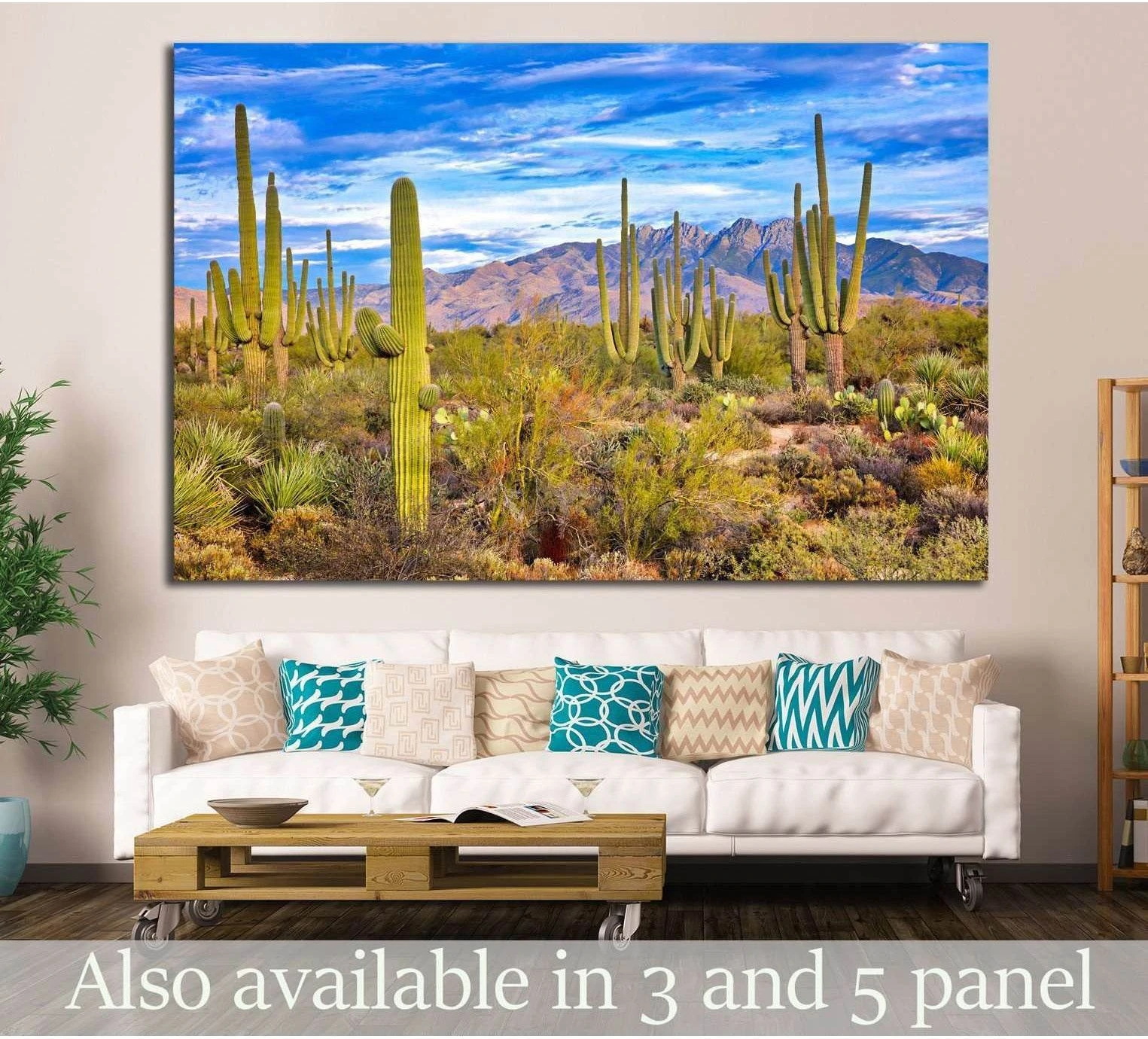 Phoenix Arizona saguaro desert canvas print hung above sofa in a modern living room