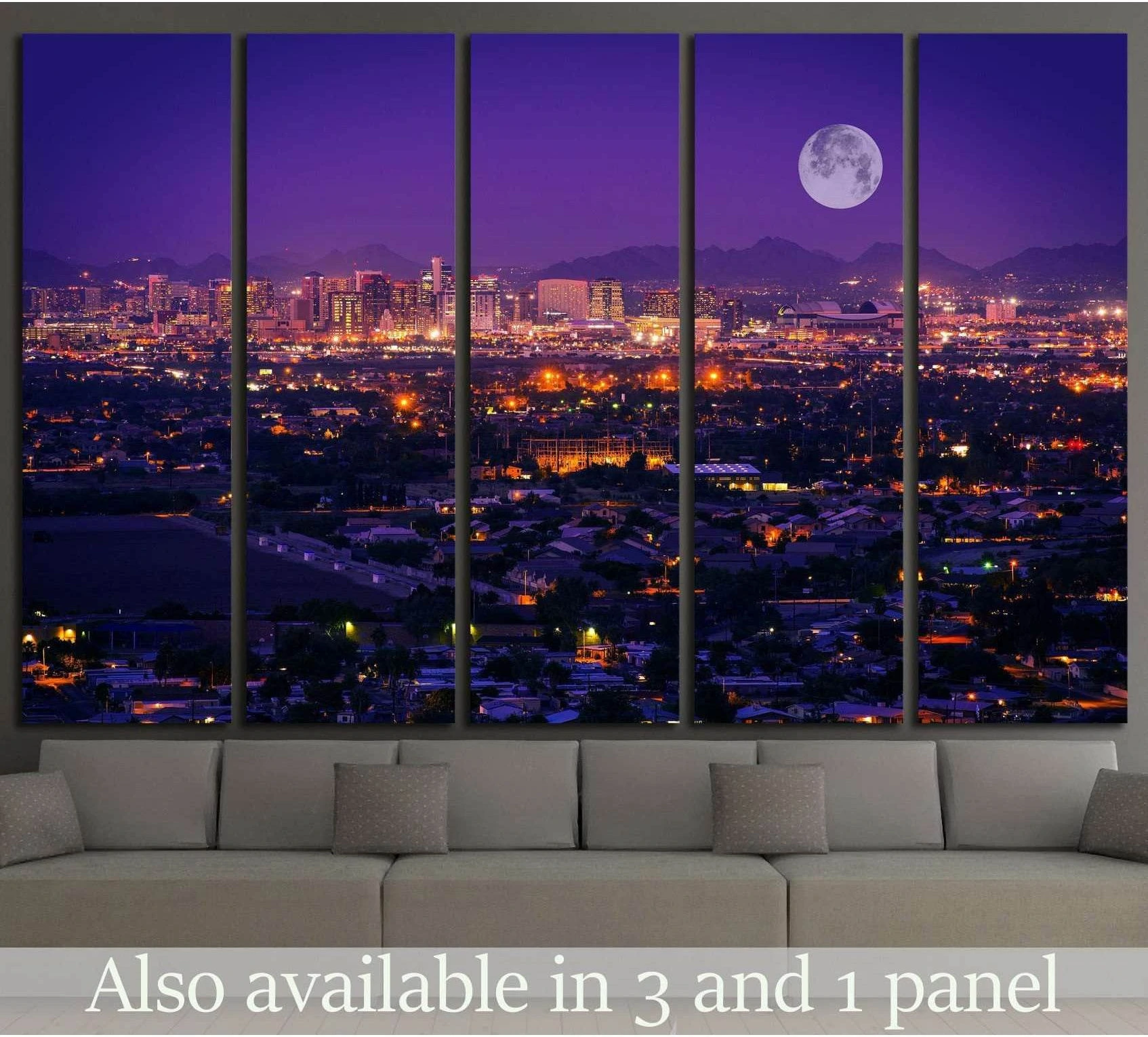 Phoenix skyline canvas print with purple night sky, full moon, and city lights above sofa