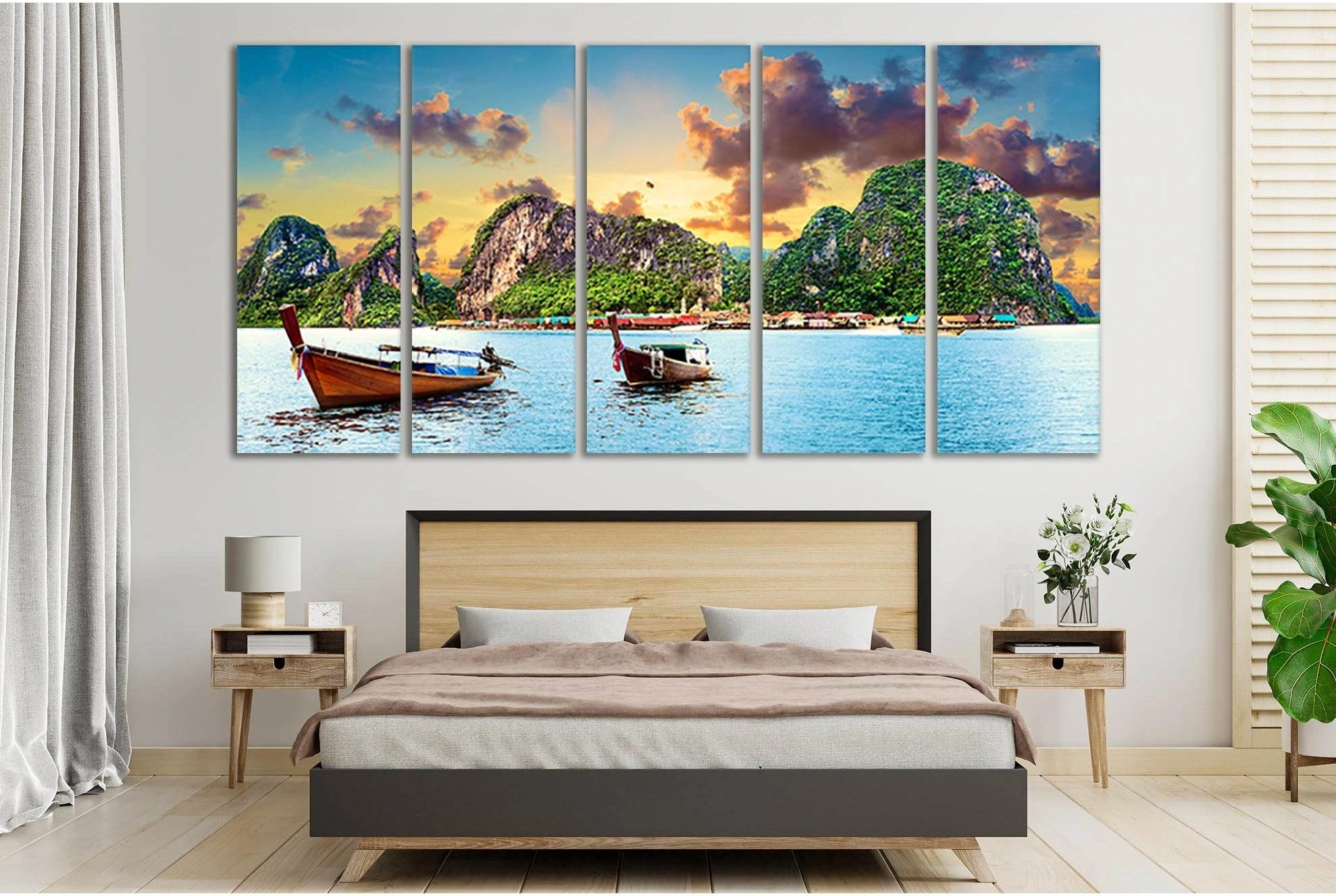 Turquoise Island Seascape Canvas Wall Art with Boats showing sea water, shoreline and horizon depth.