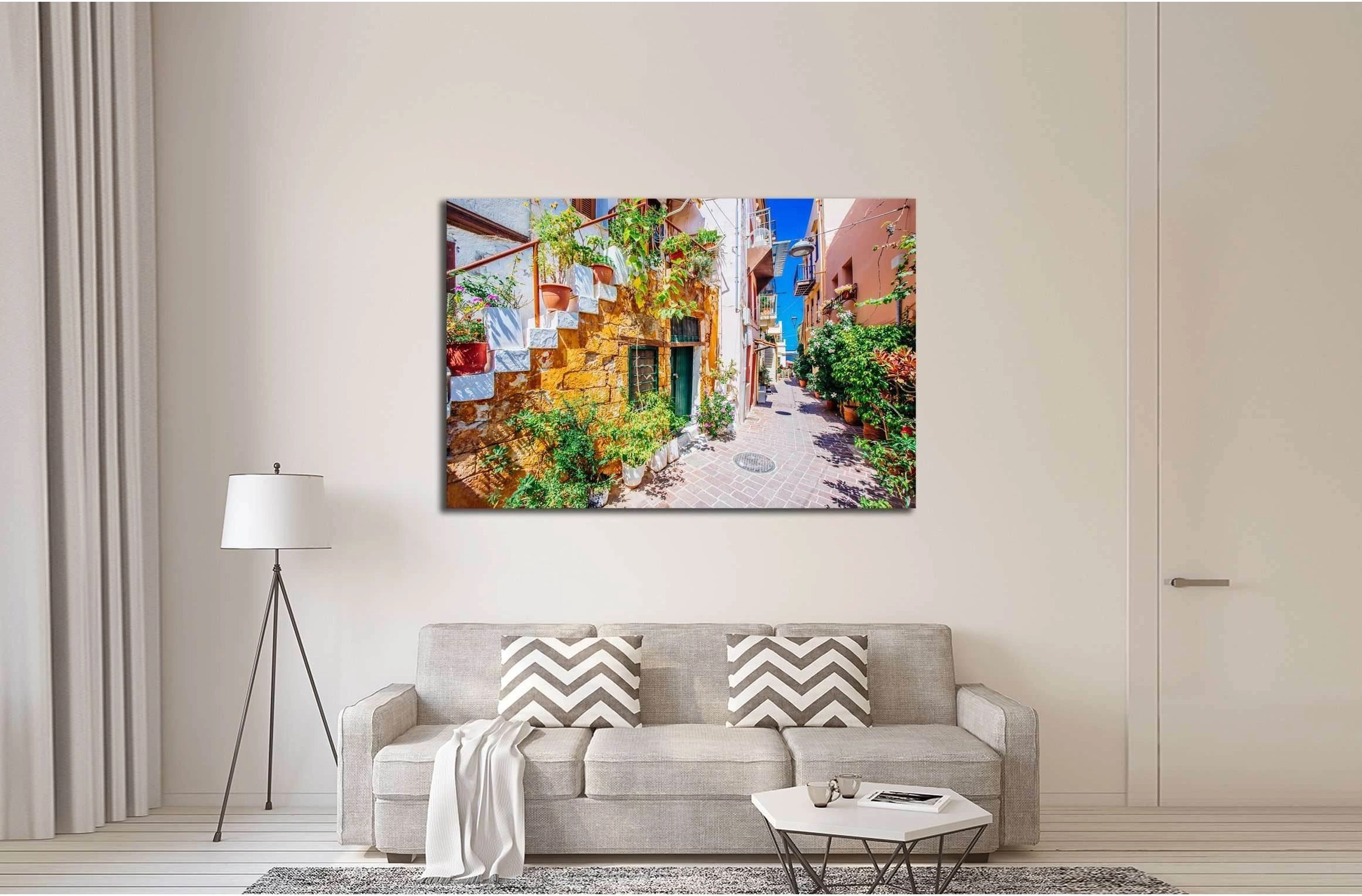 Pictoresque mediterranean street with stairs and flower pots, Chania, island of Crete, Greece №3053 Ready to Hang Canvas Print - Zellart Canvas Prints ALL_Products, s-3053