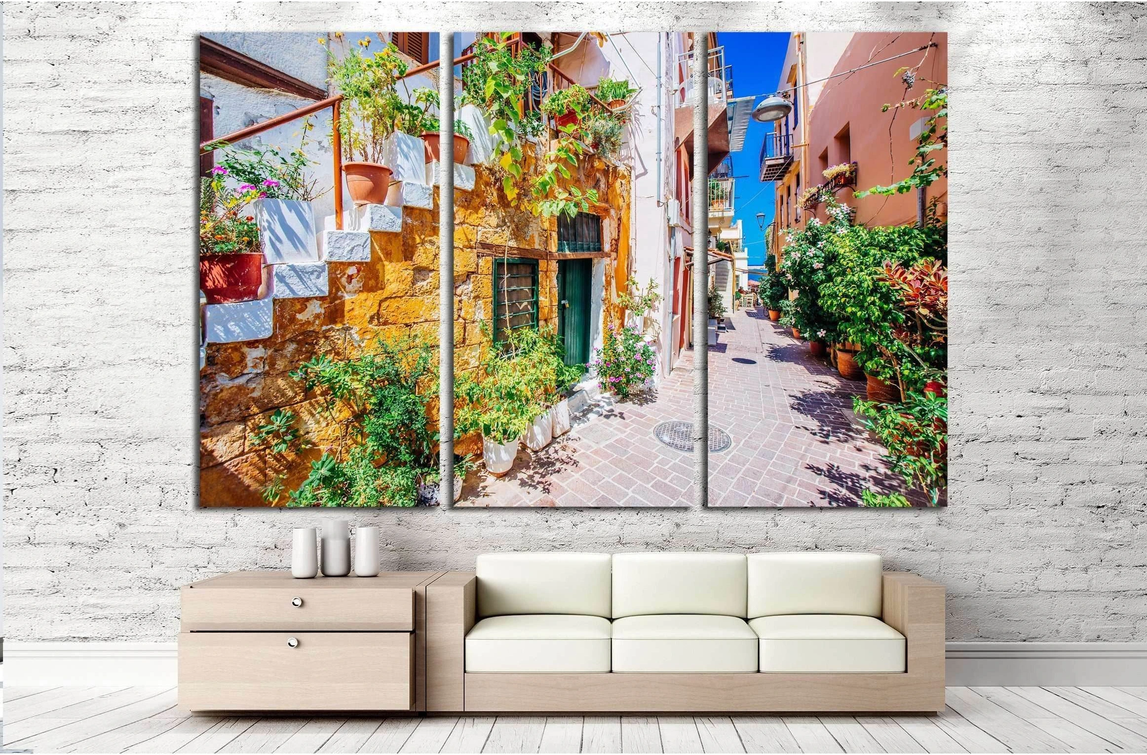 Pictoresque mediterranean street with stairs and flower pots, Chania, island of Crete, Greece №3053 Ready to Hang Canvas Print - Zellart Canvas Prints ALL_Products, s-3053