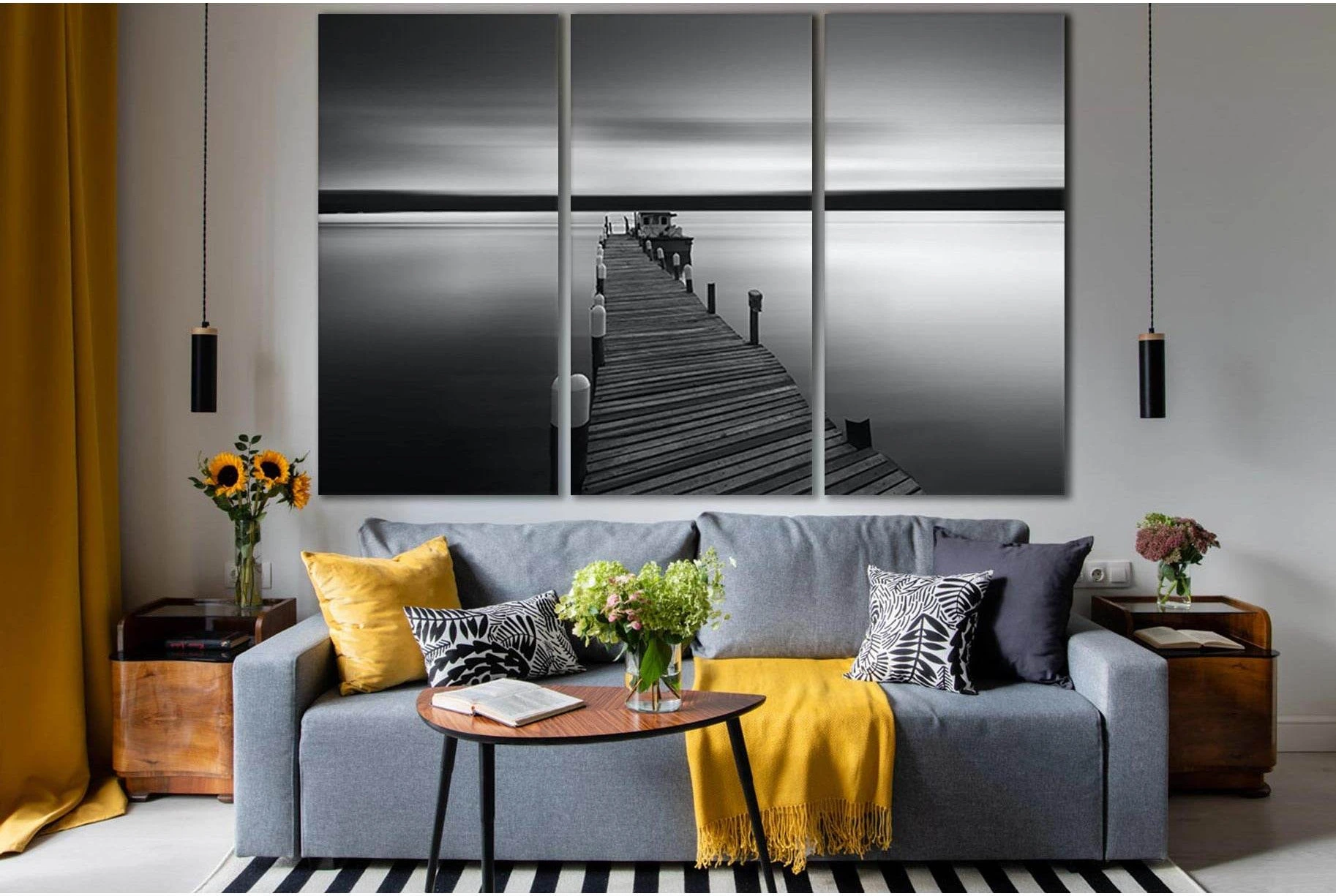 Pier Over Sea Against Sky Black End White №SL875 Ready to Hang Canvas Print - Zellart Canvas Prints 0new, ALL_Products, Black & White Wall Art