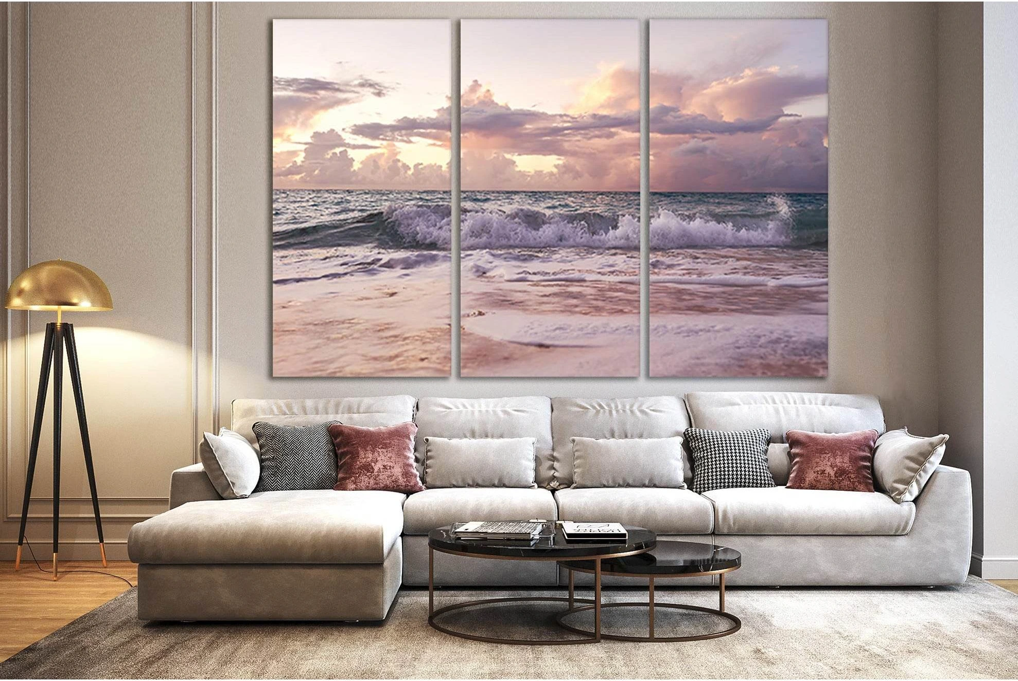 Pink Sunset Sea Canvas Print, Three-Panel Ocean Waves showing ocean water, wave movement and surf.